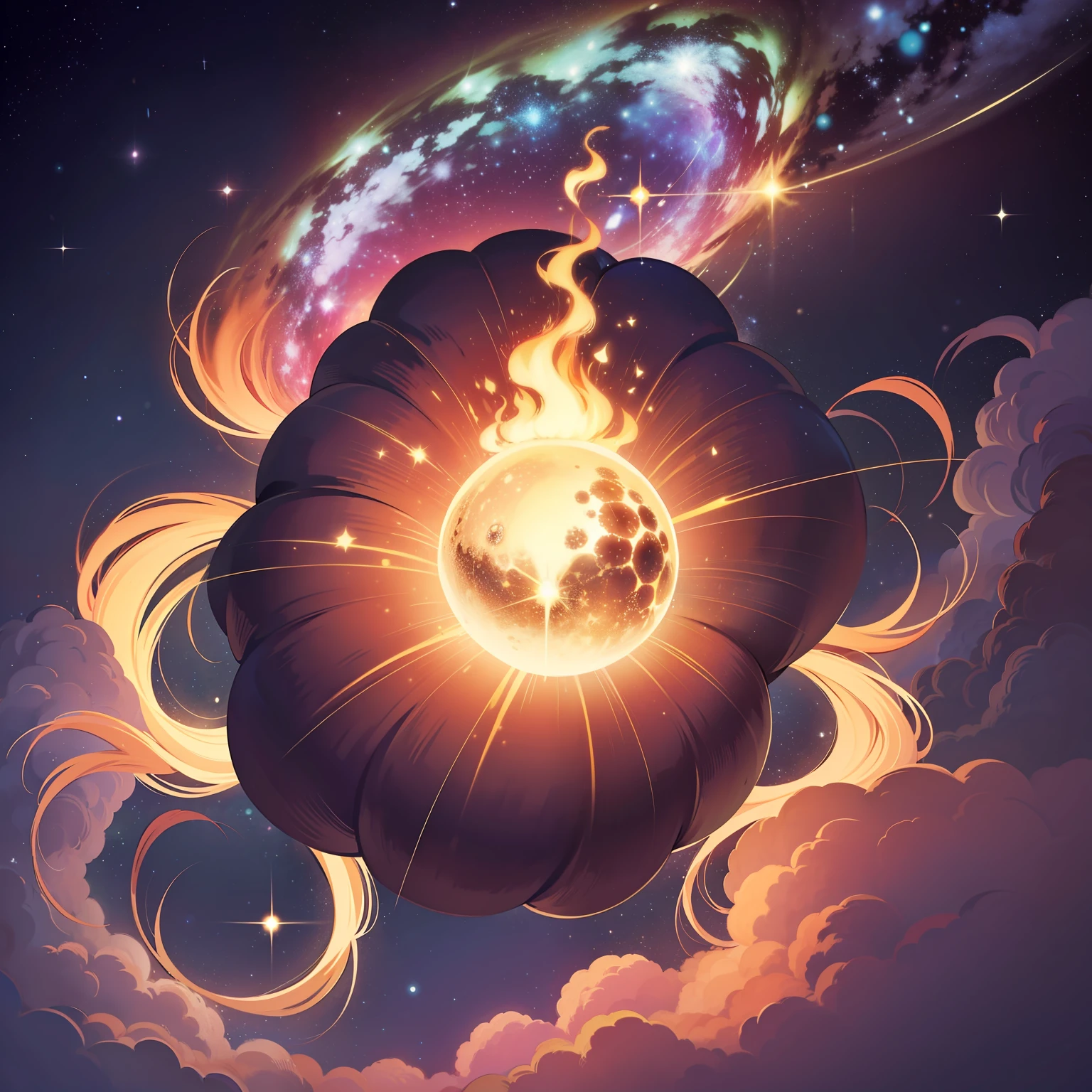 galaxia, estrelas representando elementos como agua, fogo, grama, raio, ar