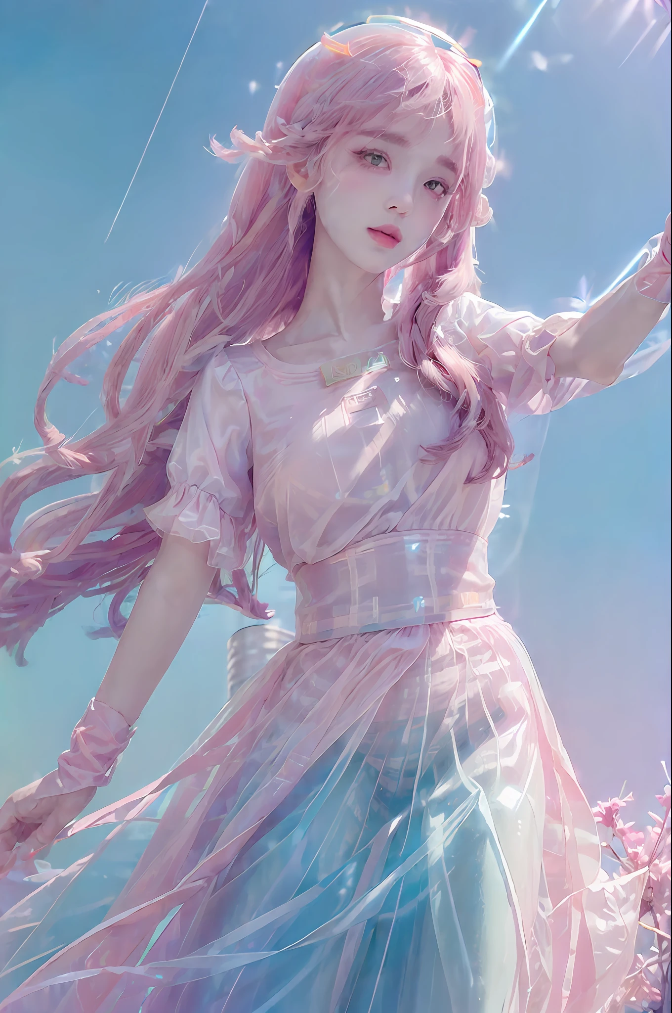 (fluorescent colors:1.4),(translucent:1.4),(retro filters:1.4), (fantasy:1.4), candy world Disney land ethereal soft fluffy soft landscape forest snowavatar Pastel pink sky green blue sparkle ethereal light pastel whimsical light rainbow stars diamonds sparkle gemstone background hyper realistic Ultra quality cinematic lighting immense detail Full hd painting Well lit,