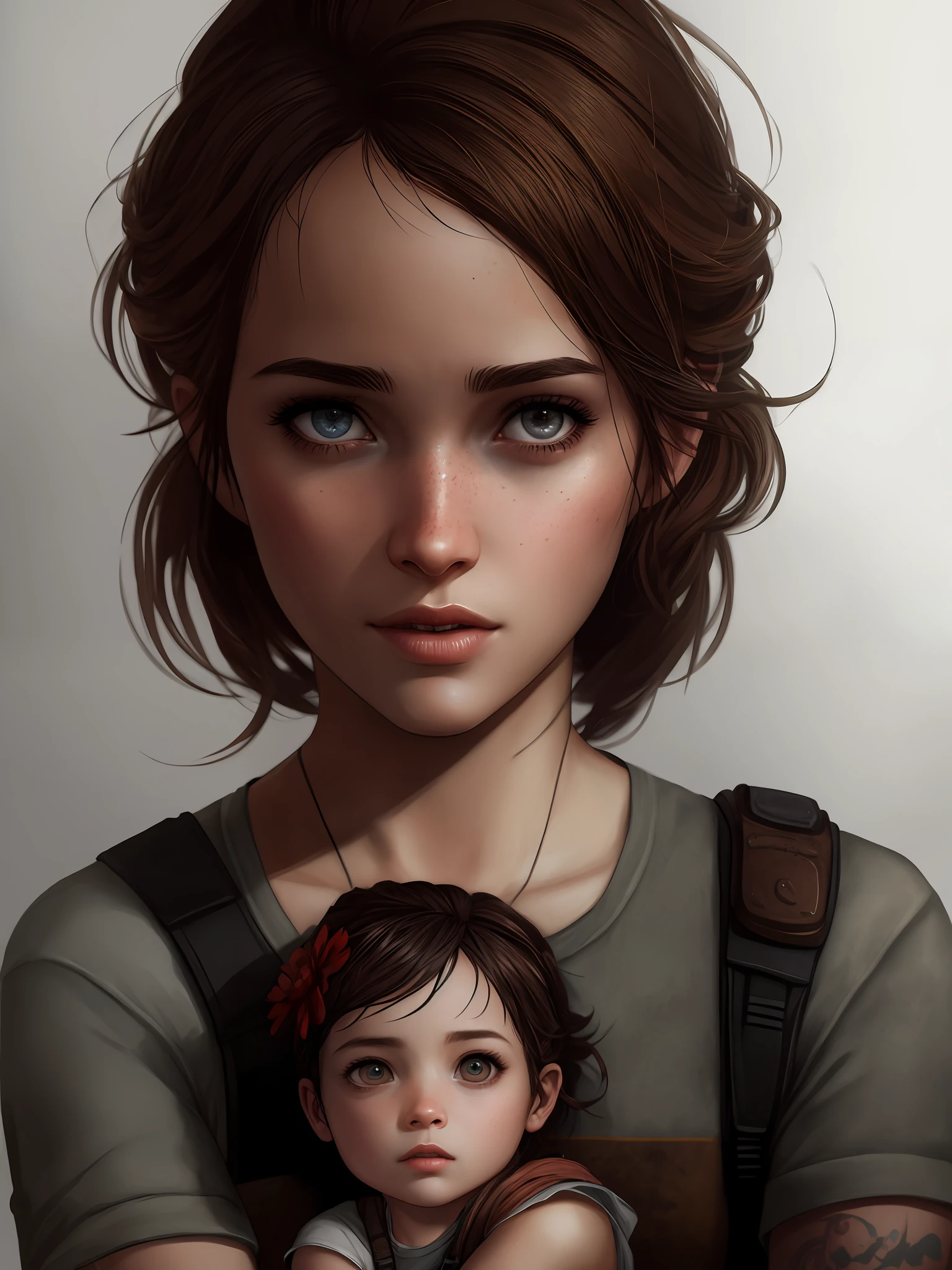 uma foto em preto e branco, de uma menina com um olhar vingativo, olhos bem azuis, Holding a baby, arma atras, menina fugindo de zumbis, Ellie (last of us), Ellie, the Last of Us, arte digital de videogame, Art not Guweiz style, Luscious ) In The Last of Us, Wojtek FUS, arte do retrato do personagem, last of us, retrato da arte do personagem, Iconic character of high detail, Pintura Digital HD