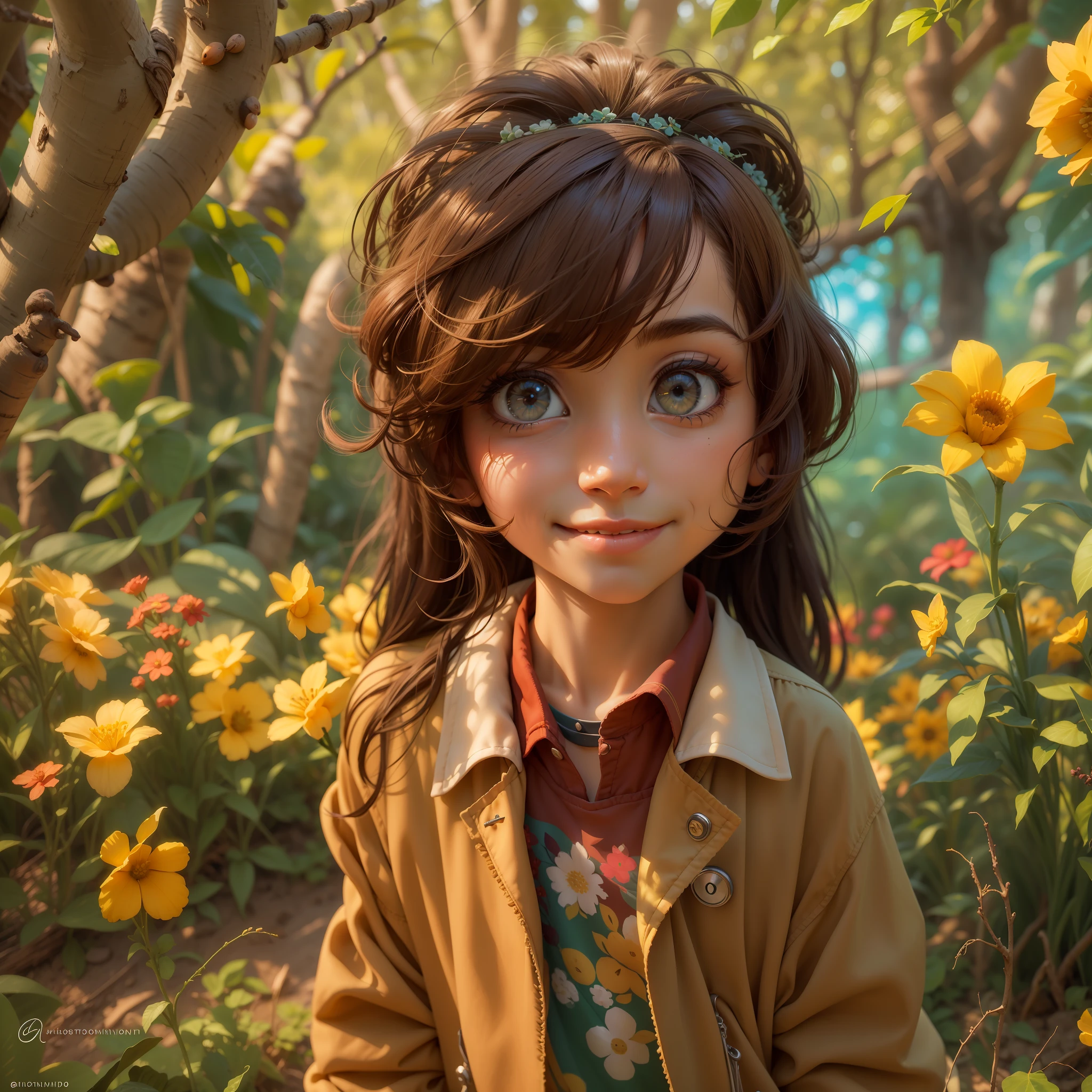 garotinho, sozinho, sorrindo e brincando no quintal, procurando algo, Traje de explorador do mundo, olhos curiosos, cabelos marrons, olhos castanhos, Estilo Disney Pixar, animification, Jardim, flor, Borboletas, hiper-realismo, hiperdetalhado