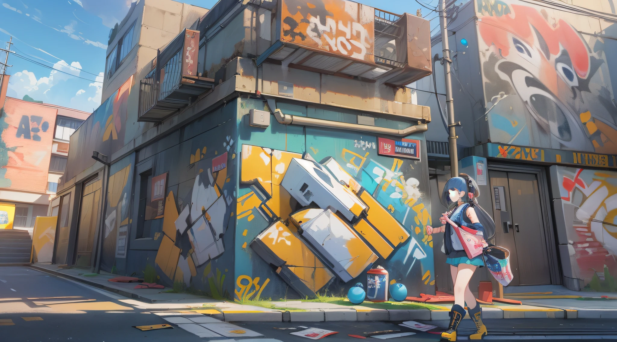 ((High quality)), ((Masterpiece)), 8K, Extremely detailed Cg Unity 8K wallpapers, Game CG, ,large panorama,Boots, full body, Watch,Big city back alleys、a gigantic wall, 1girll, vests, Earphone, Graffiti artist spray wall,Paint splashes in the air, Spray ball cans, Earphone,