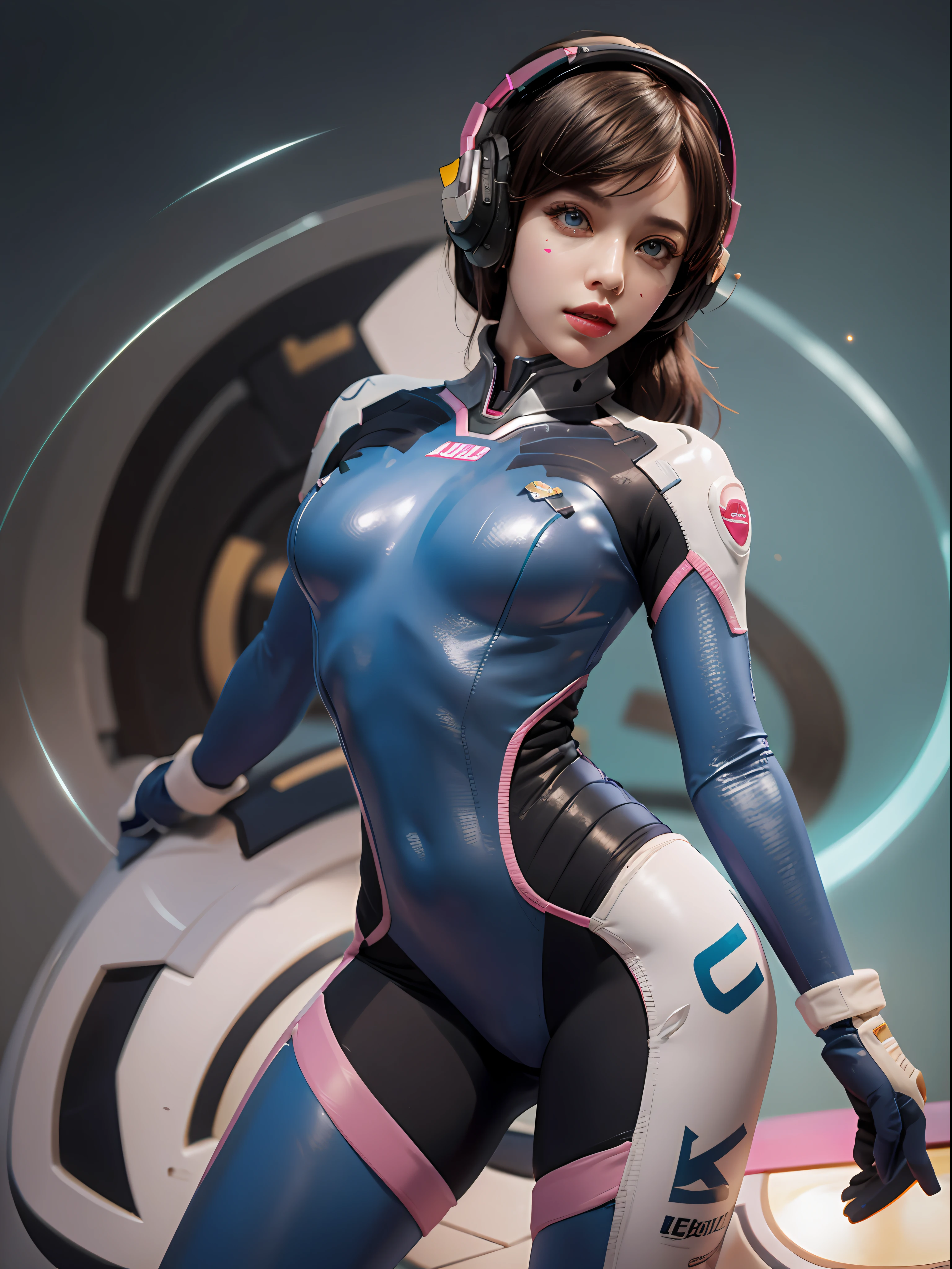 1girl, d.va (overwatch), solo, long hair, whisker markings, bodysuit, brown hair, facial mark, gloves, breasts, brown eyes, pilot suit, cowboy shot, headphones, white gloves, medium breasts, swept bangs, skin tight, animal print, bangs, bunny print, ribbed bodysuit, facepaint, pink lips, (ultra detailed), (8k, intricate), (85mm), light particles, lighting, breast focus, full body, (highly detailed:1.2), (detailed face:0,8), (gradients), sfw, colorful, (detailed eyes:1.5), (detailed background), (dynamic angle:1.2), (dynamic pose:1.2), (rule of third_composition:1.3), (Line of action:1.2), daylight, solo.