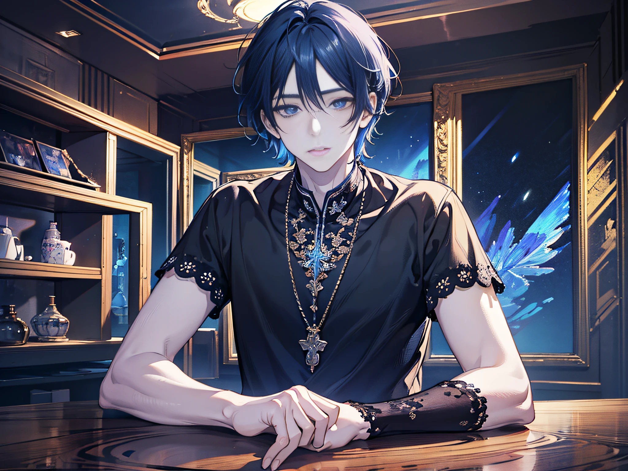 (Masterpiece, Best quality:1.2),(((Male))),Reclining posture,Tired, exhale,Anime boy,Young,Tall, Handsome,Short messy hair,Black and blue hair, Heterochromia,blue and purple  eyes, wearing casual cloths, The detailed background is amazing, finedetail, Masterpiece,Best quality,offcial art, Extremely detailed Cg Unity 8K wallpaper,rendering by octane, h. r. Giger style, 8K, Best quality, Masterpiece, illustration, An extremely delicate and beautiful, Extremely detailed ,CG ,Unity ,the wallpaper,highest quality digital art, stunning art, Wallpaper 4k,8K,64k, HD, Unbeatable masterpiece, Dynamic lighting, Cinematic, Epic