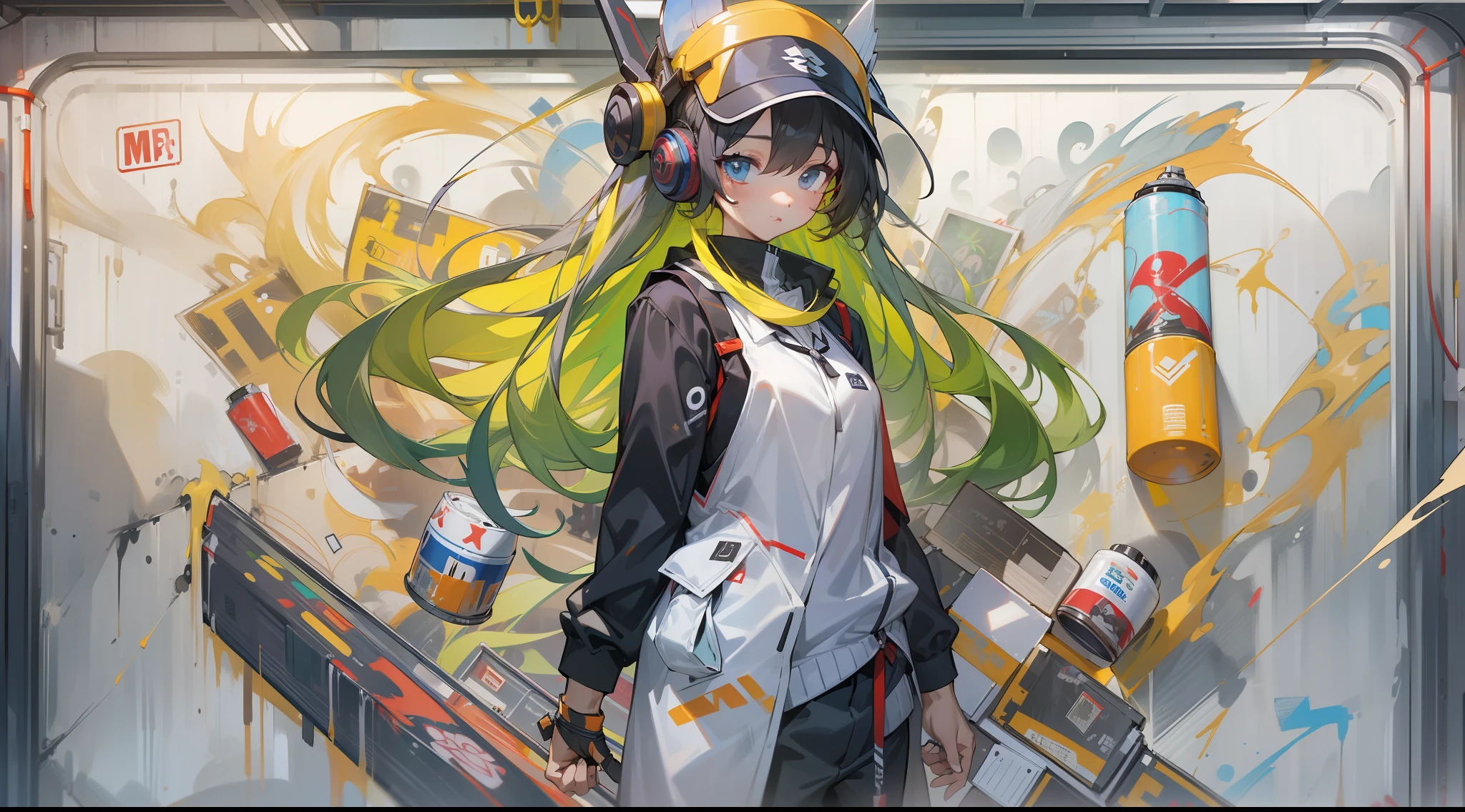 ((high high quality)), ((tmasterpiece)), 8K分辨率, Extremely delicate CG artwork，GameCG，Huge panorama，Character Girl，vests，Earphone，Graffiti artist spraying walls in the back alleys of big city，Paint splashes in the air，Spray paint cans on the wall，The visual impact is powerful。