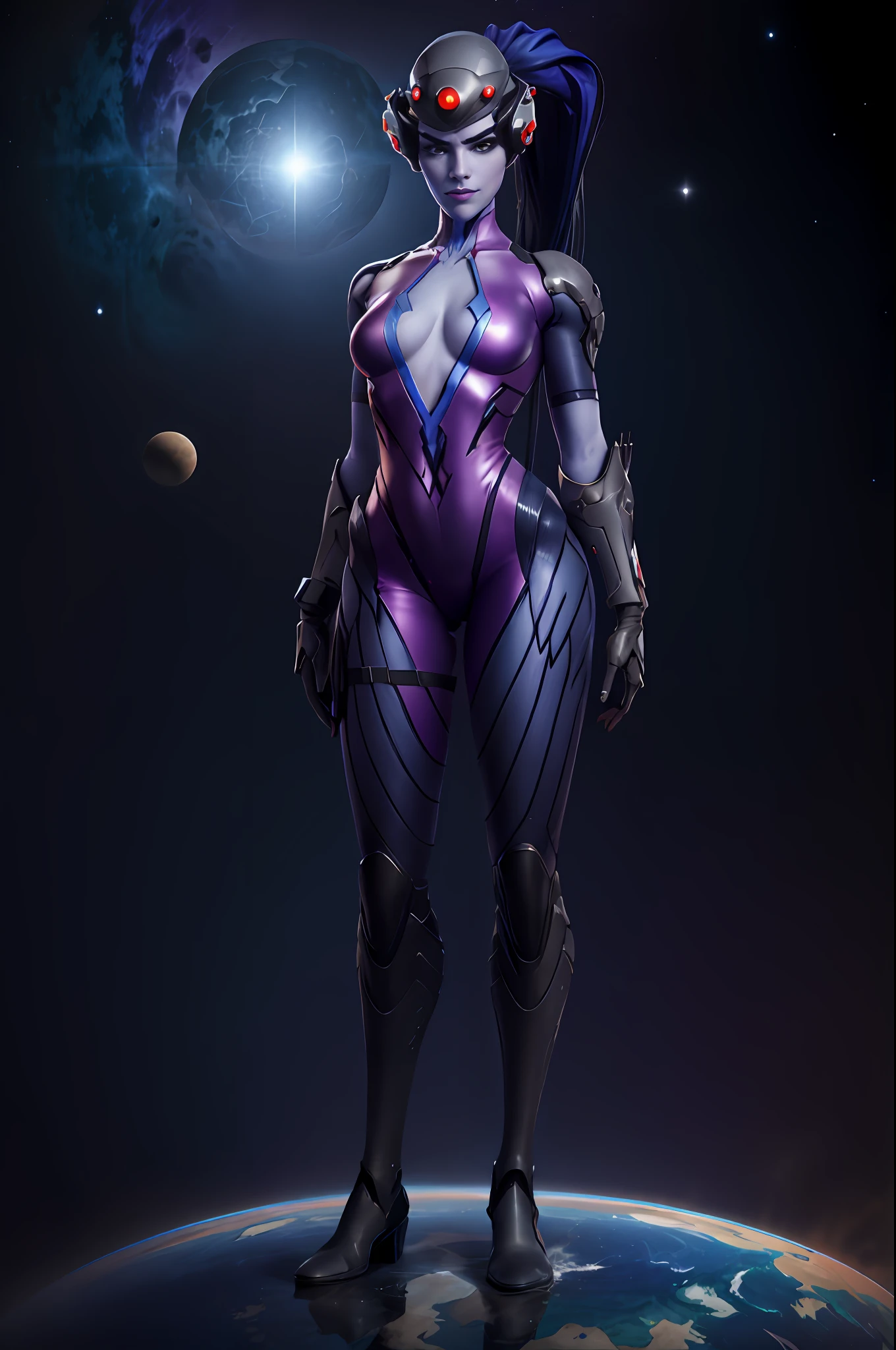 widowmaker, looking at viewer, death glare, visor, bodysuit, ponytail, skyscraper, solo, sunlight, best quality, (((Towering over you))), smirking, standing on a planet in space with her full body in view, cosmic background, furrowed brow, boots