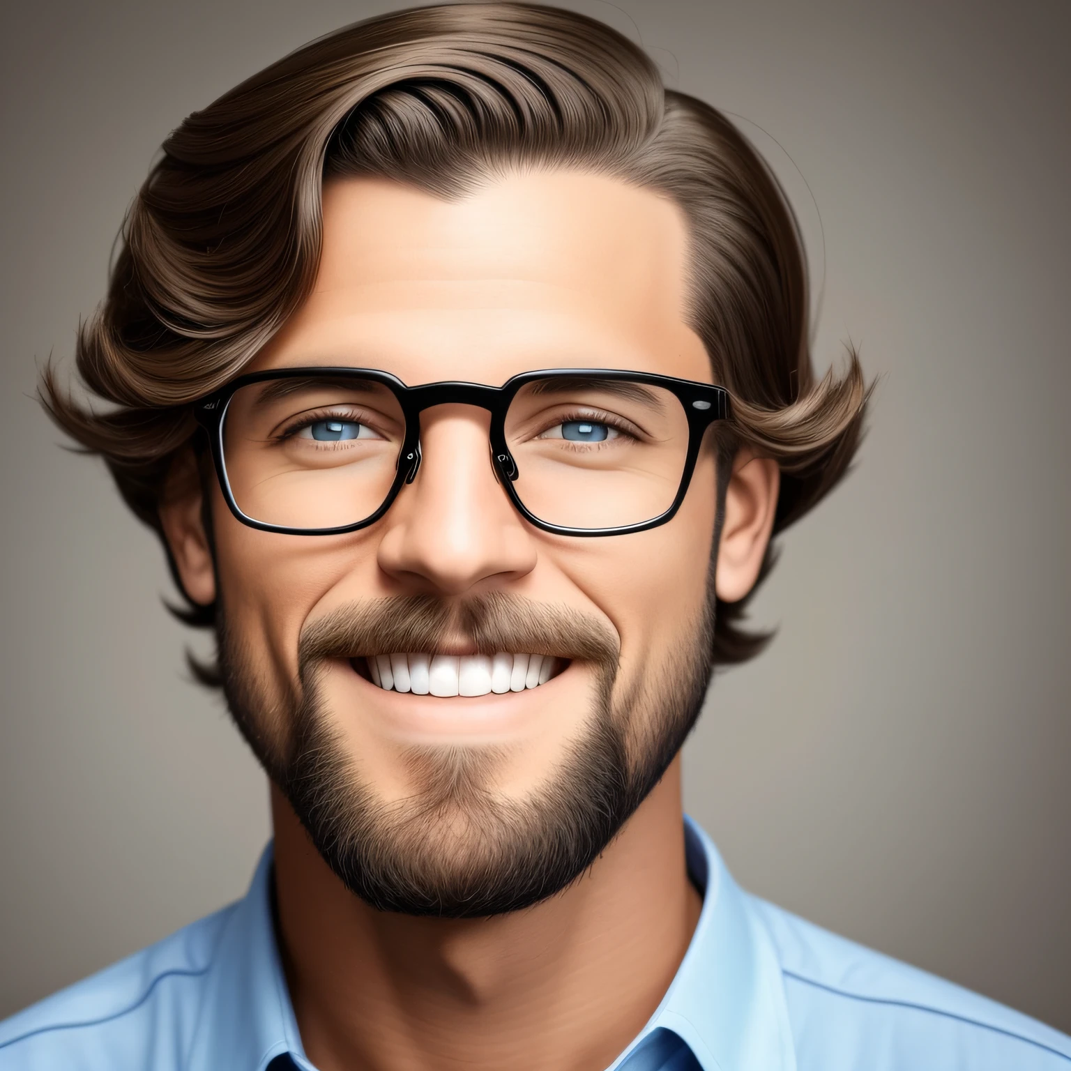 homem fotorealistico de 35 anos. Jeito de inteligente. Cabelo corte estilo militar. Cabelo castanho claro. Professor universitario.Sorriso cativante. Jeito de nerd. usa oculos. --auto