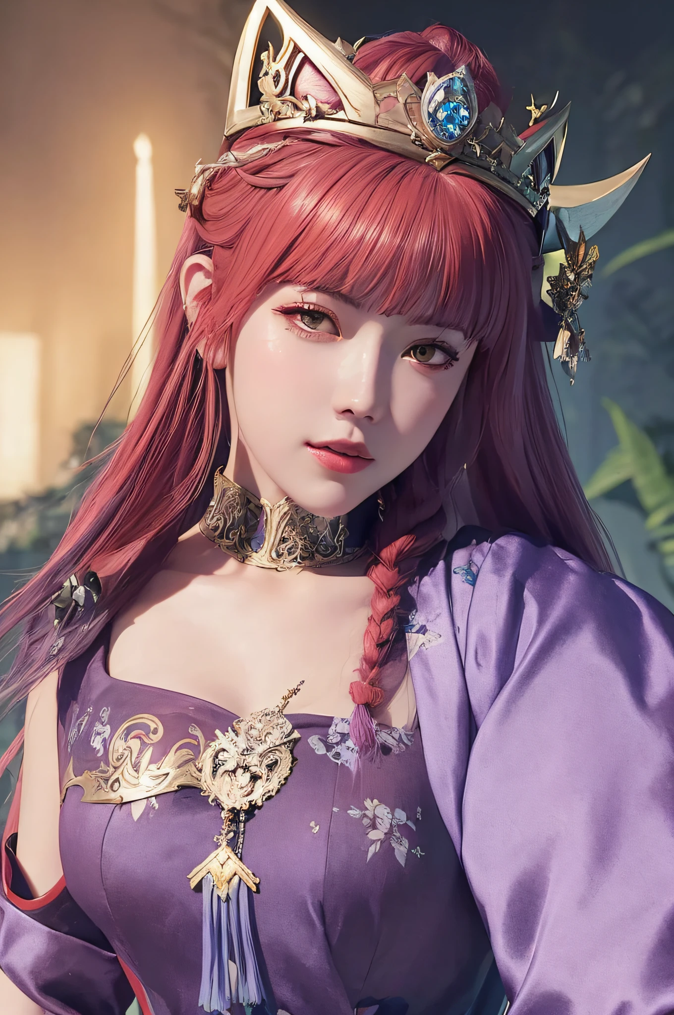 a close up of a woman with a crown on her head, best quality, masterpiece, bishoujo, adorable girl, purple hair, big breasts, cat pose, head tilt,Back shadow,looking back at the camera,8K high quality detailed art, 2. 5 D CGI anime fantasy artwork, Beautiful character painting, Guviz-style artwork, Stunning character art, a beautiful fantasy empress, trending on cgstation, Rendu portrait 8k, hyper-detailed fantasy character, Detailed digital anime art, Guviz