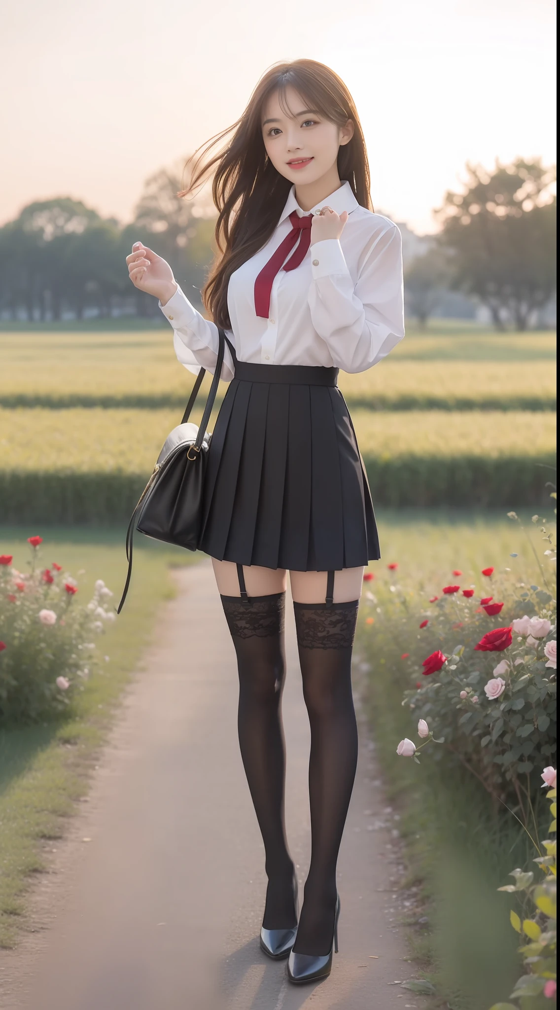 （true to life，Photorealistic 1.5）,((best qualtiy, 8K, tmasterpiece:1.3)), (二重まぶた，largeeyes:1.3),（smile1.5），（Full body photo 1.5）（One person 1.5）Clear focus 1.2, Perfect body beauty:1.4 , Delicate skin1.1，（Long brown hair 1.5），（Delicate facial features1.4），（Pure desire 1.3）(Black high socks 1.5)（Lace on the edge of the stockings，1.5），flightattendantuniform，a black pleated skirt，Slender legs，high-heels，Stand in a field full of roses