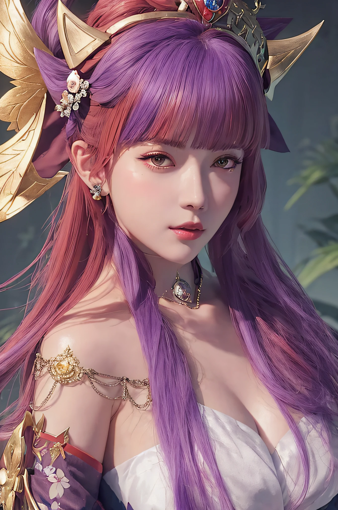 a close up of a woman with a crown on her head, best quality, masterpiece, bishoujo, adorable girl, purple hair, big breasts, cat pose, head tilt，Back shadow，looking back at the camera，8K high quality detailed art, 2. 5 D CGI anime fantasy artwork, Beautiful character painting, Guviz-style artwork, Stunning character art, a beautiful fantasy empress, trending on cgstation, Rendu portrait 8k, hyper-detailed fantasy character, Detailed digital anime art, Guviz