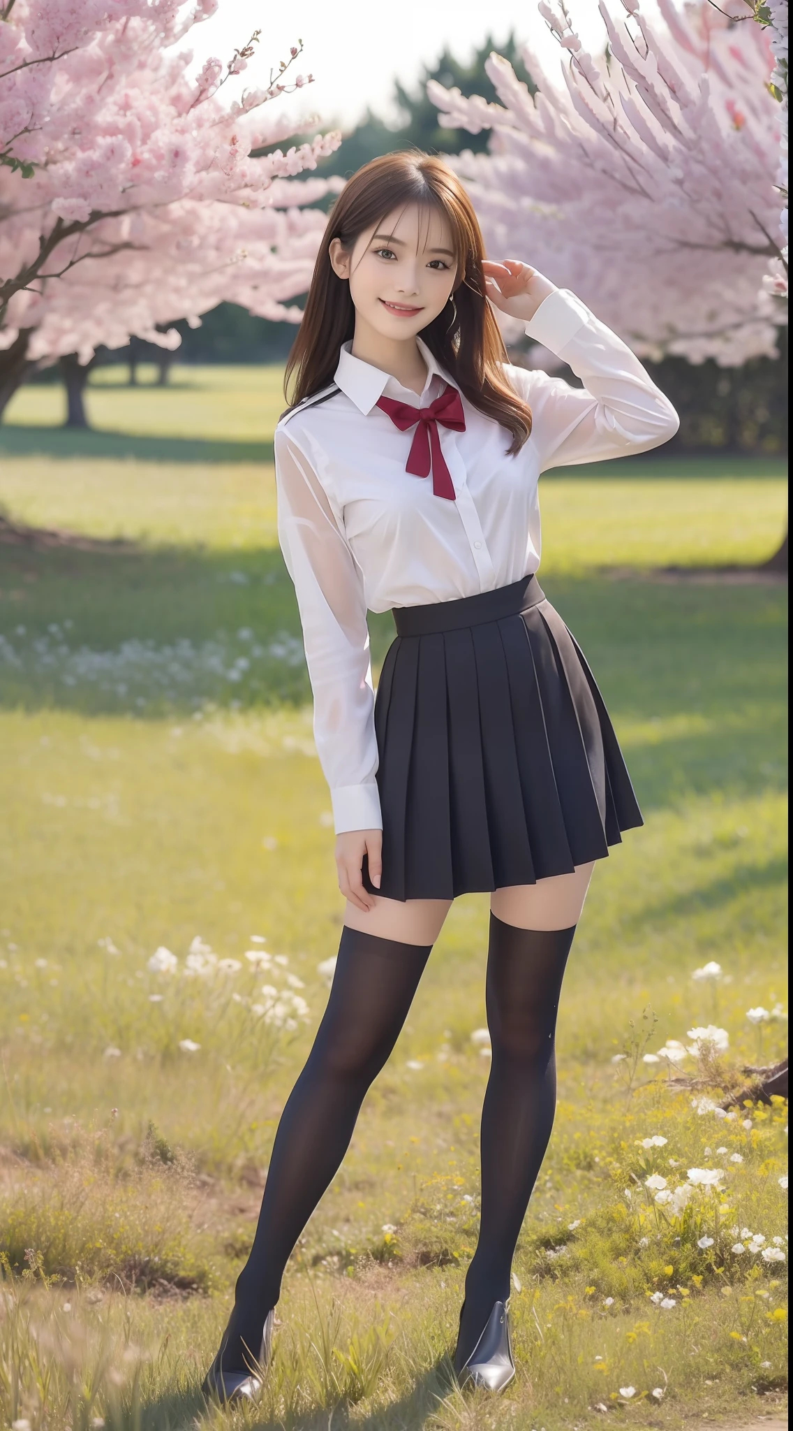 (true to life,Photorealistic 1.5),((best qualtiy, 8K, tmasterpiece:1.3)), (二重まぶた,largeeyes:1.3),(smile1.5),(Full body photo 1.5)(One person 1.5)Clear focus 1.2, Perfect body beauty:1.4 , Delicate skin1.1,(Long brown hair 1.5),(Delicate facial features1.4),(Pure desire 1.3)(Black high socks 1.5)(The leg length is one meter two,1.5),flightattendantuniform,a black pleated skirt,Slender legs,high-heels,Stand in a field full of roses
