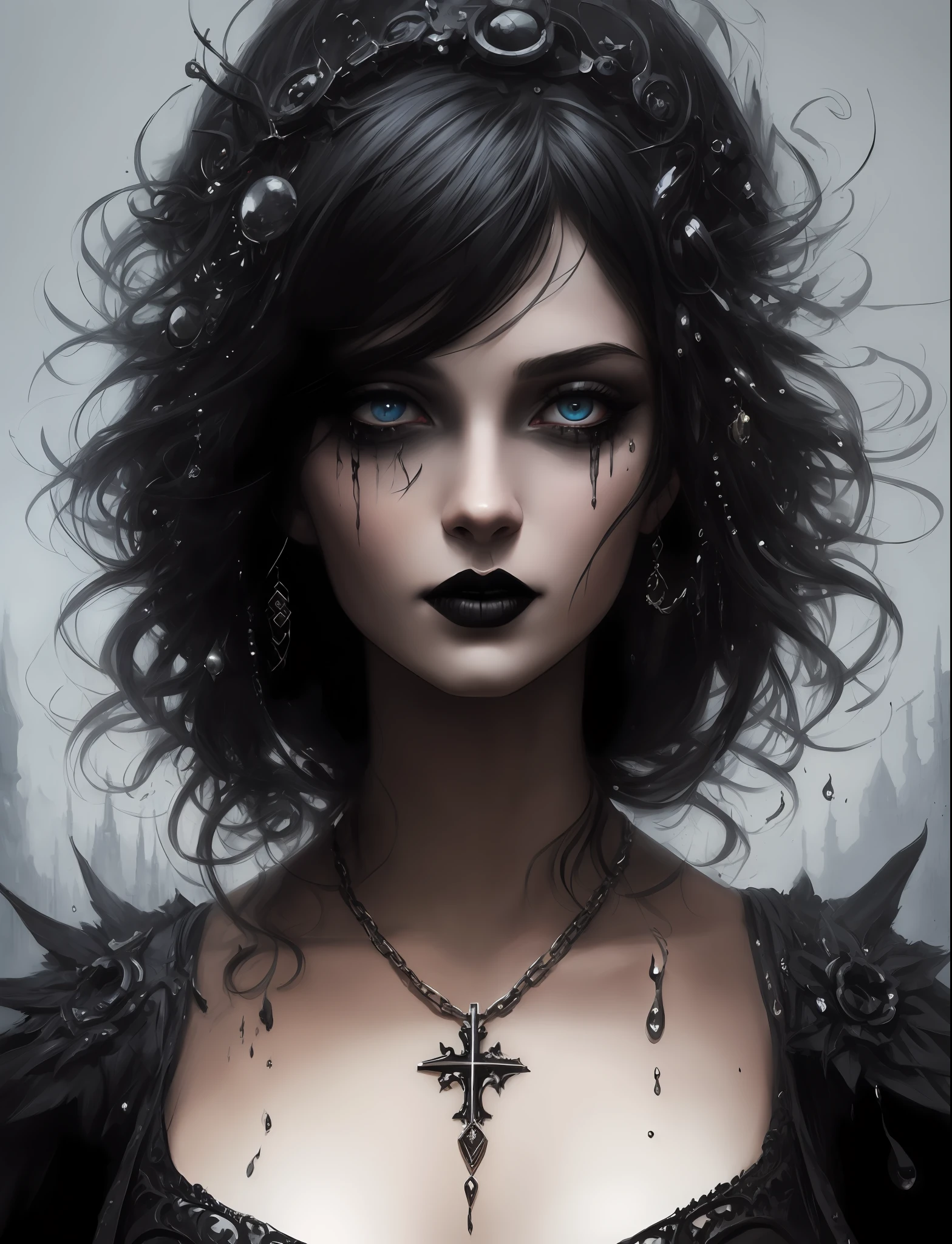 dark, holy, evil, astral, creepy olpntng style, vampire, mystical, nice perfect face with soft skin, concept art portrait by greg rutkowski, artgerm, hyperdetailed intricately detailed gothic art trending on artstation triadic colors, unreal-engine, fictional, complex details, splash screen, complementary colors, fantasy concept art, 8k resolution, gothic deviantart masterpiece, oil painting, heavy strokes, paint dripping, dark, holy, evil, astral, creepy,Big chest