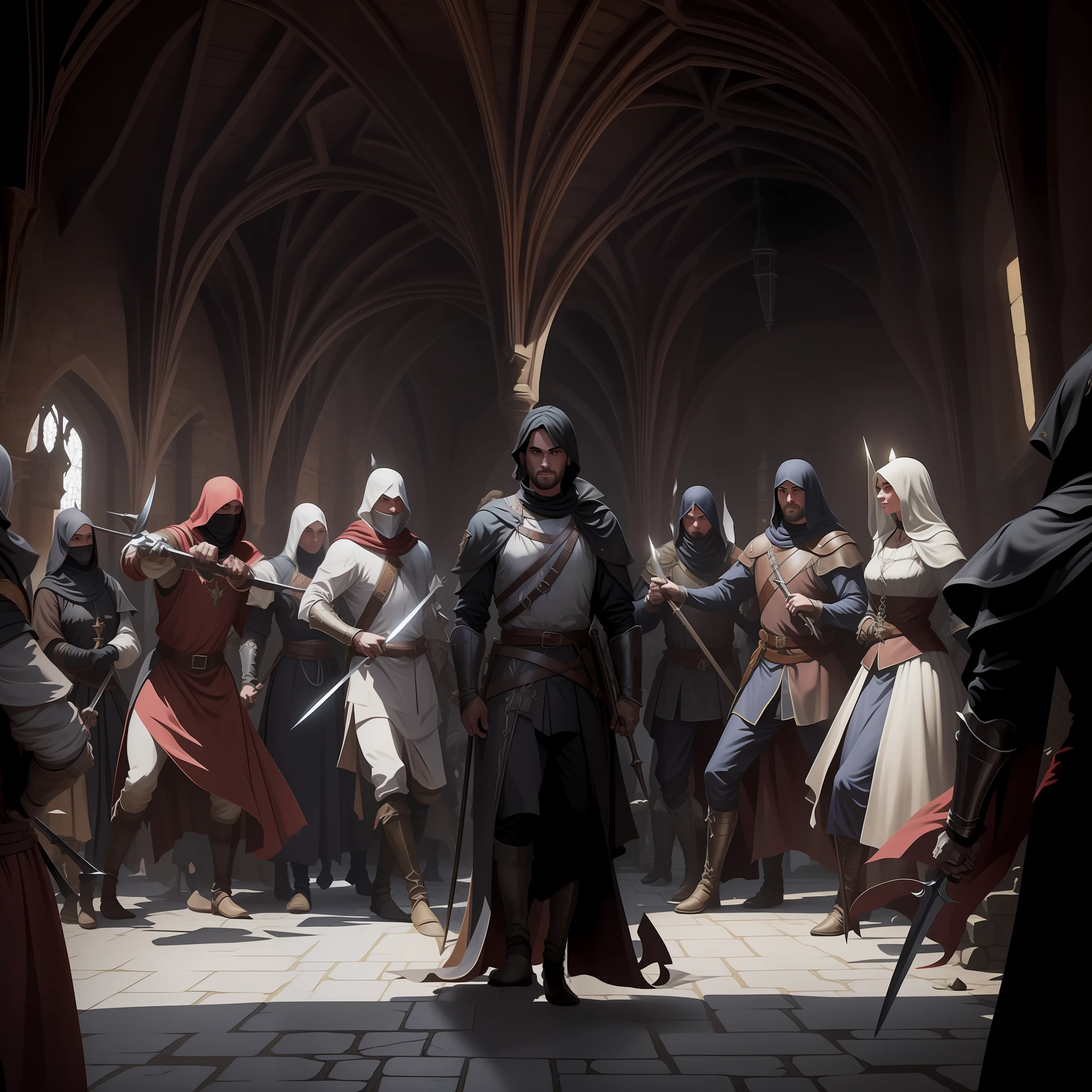medieval hall in the castle, dark light, shadows