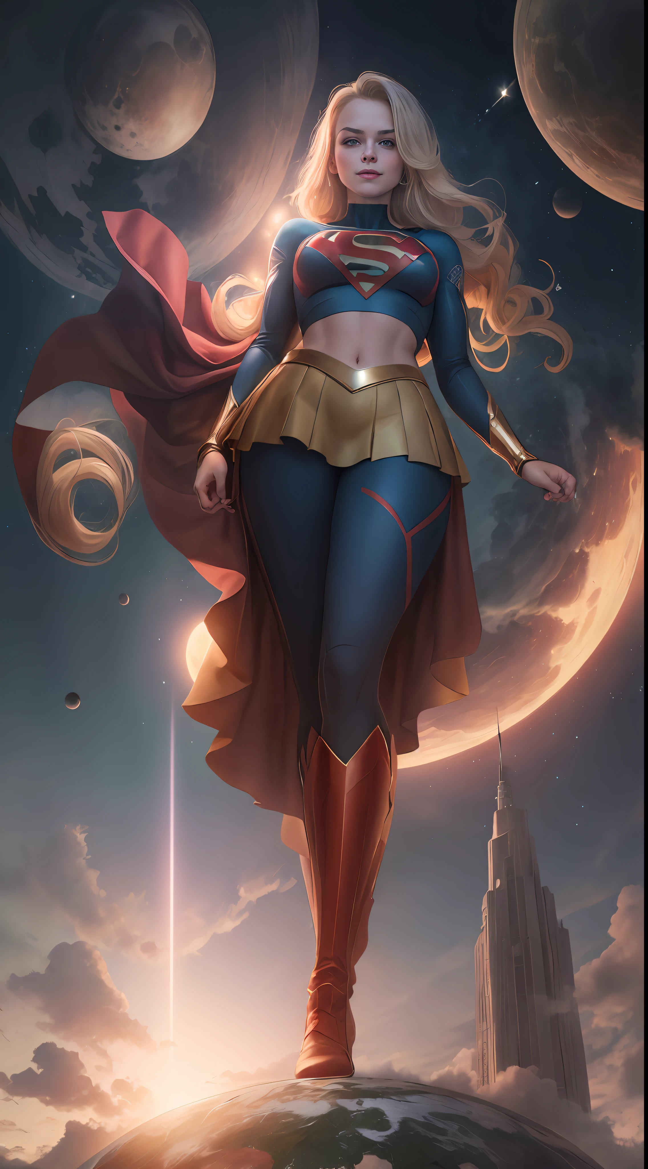 (((Towering over you))), face,supergirl Beautiful woman (20 years old, long blonde hair, blue eyes) defined body, detailed, using tube dress cosplay supergirl suite, smirking, standing on a planet in space with her full body in view, cosmic background, furrowed brow, midriff exposed, (((from below)))
