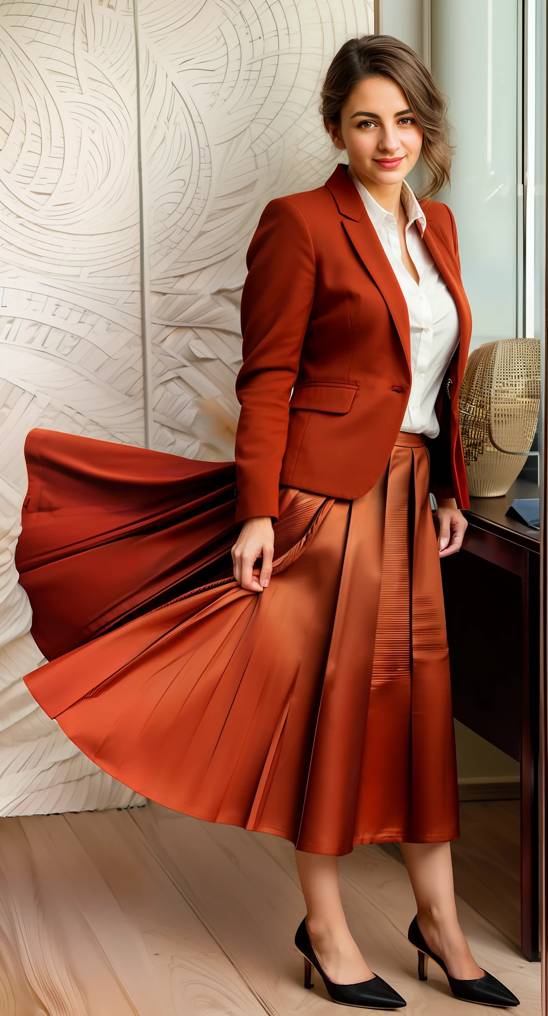 (shy smiling) woman, authentic (kind and tender) good woman wearing a short blazer with a very very detailed (long (fully pleated) full circle skirt) and (simple) low heeled office shoes, very very intricate hyper-detailed symmetric (attractive graceful young feminine face) with (sad, tired eyes and a shy smile), large breasts, full of empathy and compassion and love, (pronounced (feminine) features), (highly detailed ultra accurate realistic) hands and fingers, (windy conditions and wind blowing), epic composition, highly detailed attributes, highly detailed atmosphere, (35mm f1.4 Kodak portra 400 photograph), extremely high quality RAW photograph, detailed background, intricate, Exquisite details and textures,