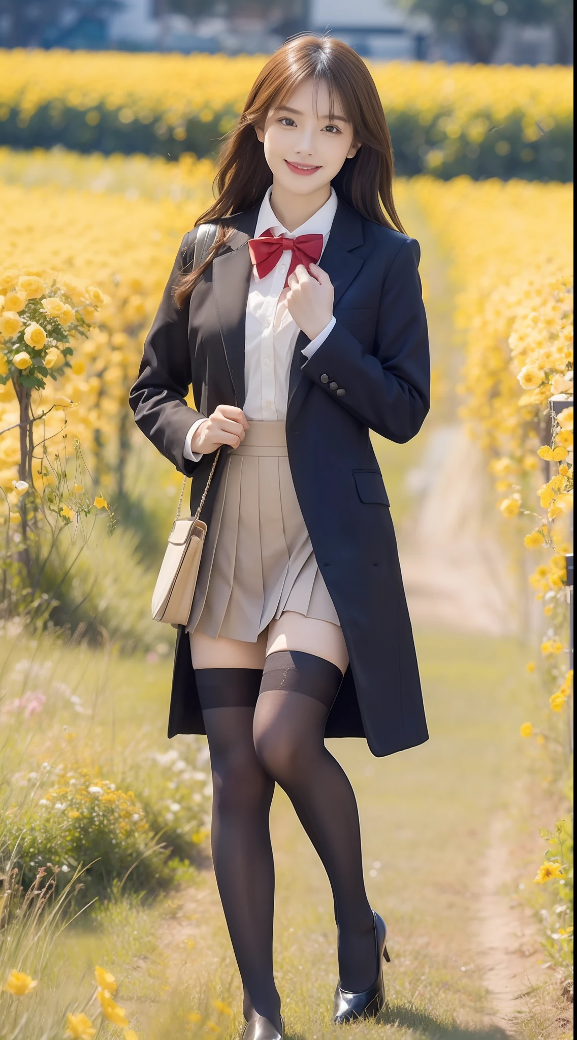 （true to life，Photorealistic 1.5）,((best qualtiy, 8K, tmasterpiece:1.3)), (二重まぶた，largeeyes:1.3),（smile1.5），（Full body photo 1.5）（One person 1.5）Clear focus 1.2, Perfect body beauty:1.4 , Delicate skin1.1，（Long brown hair 1.5），（Delicate facial features1.4），（Pure desire 1.3）(Air black stockings 1.5)（The leg length is one meter two，1.5），flightattendantuniform，a black pleated skirt，Slender legs，high-heels，Stand in a field full of roses