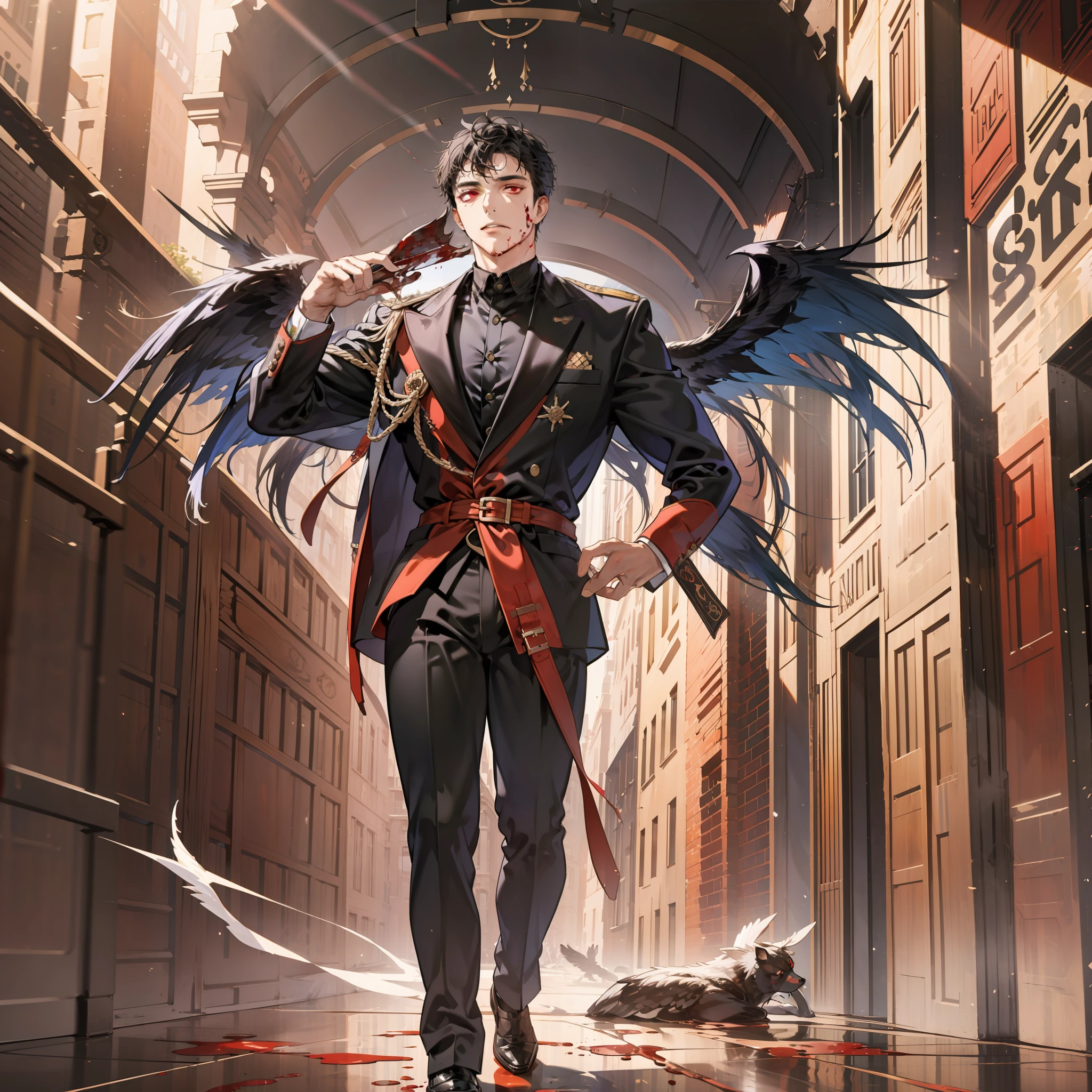 Tall, commanding CEO-like figure with short black hair, blood-red eyes, and clean-shaven face. Accented with pure black wings, exuding authority and sophistication in his sophisticated attire.