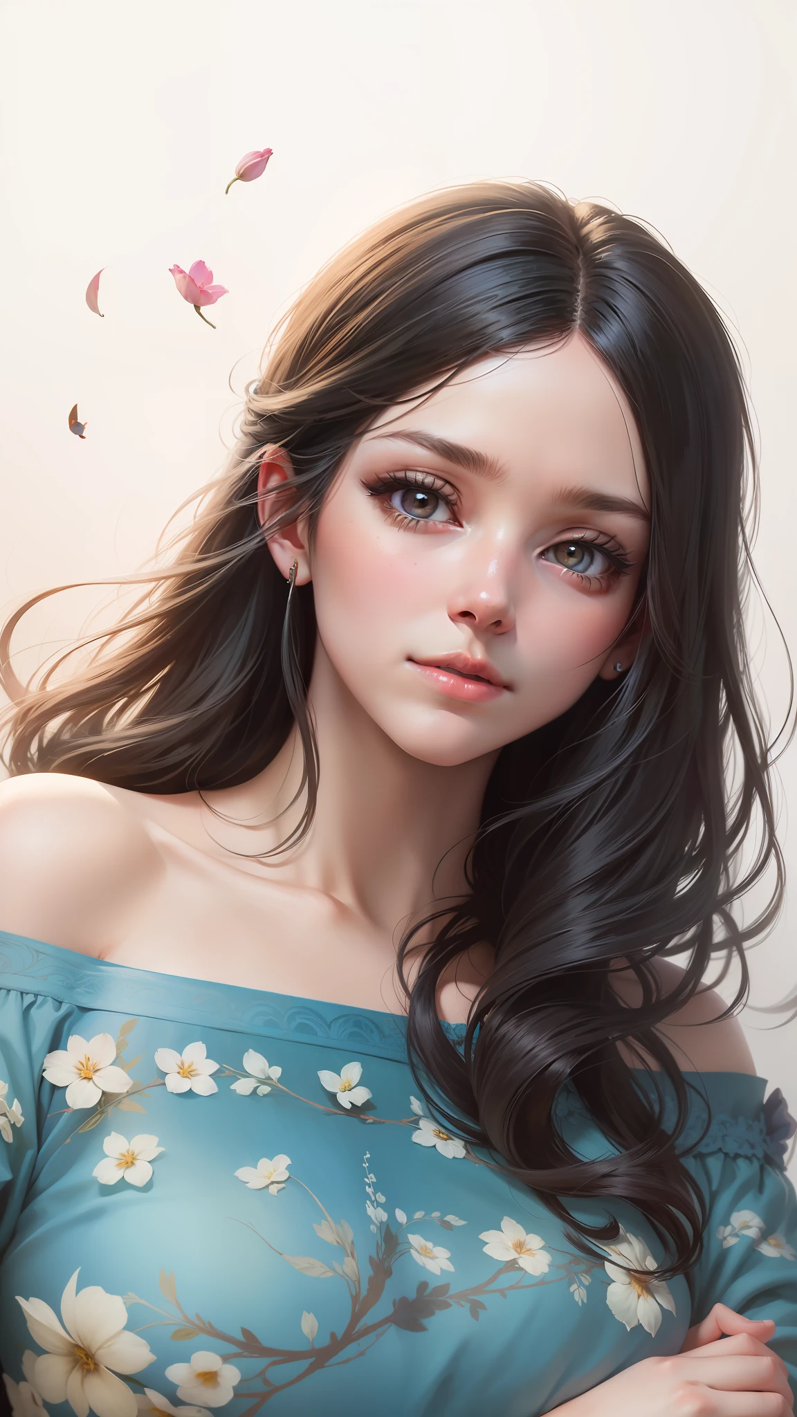 masterpiece, best quality, 8k, raw, canon 5d, f/1.8, iso 6400, wide angle, realism, movies, posters, photos, (detailed face), a beautiful woman, thin, black background, flower details, intricate, long silver hair, symmetrical painting, wonderful, by Alphonse Mucha