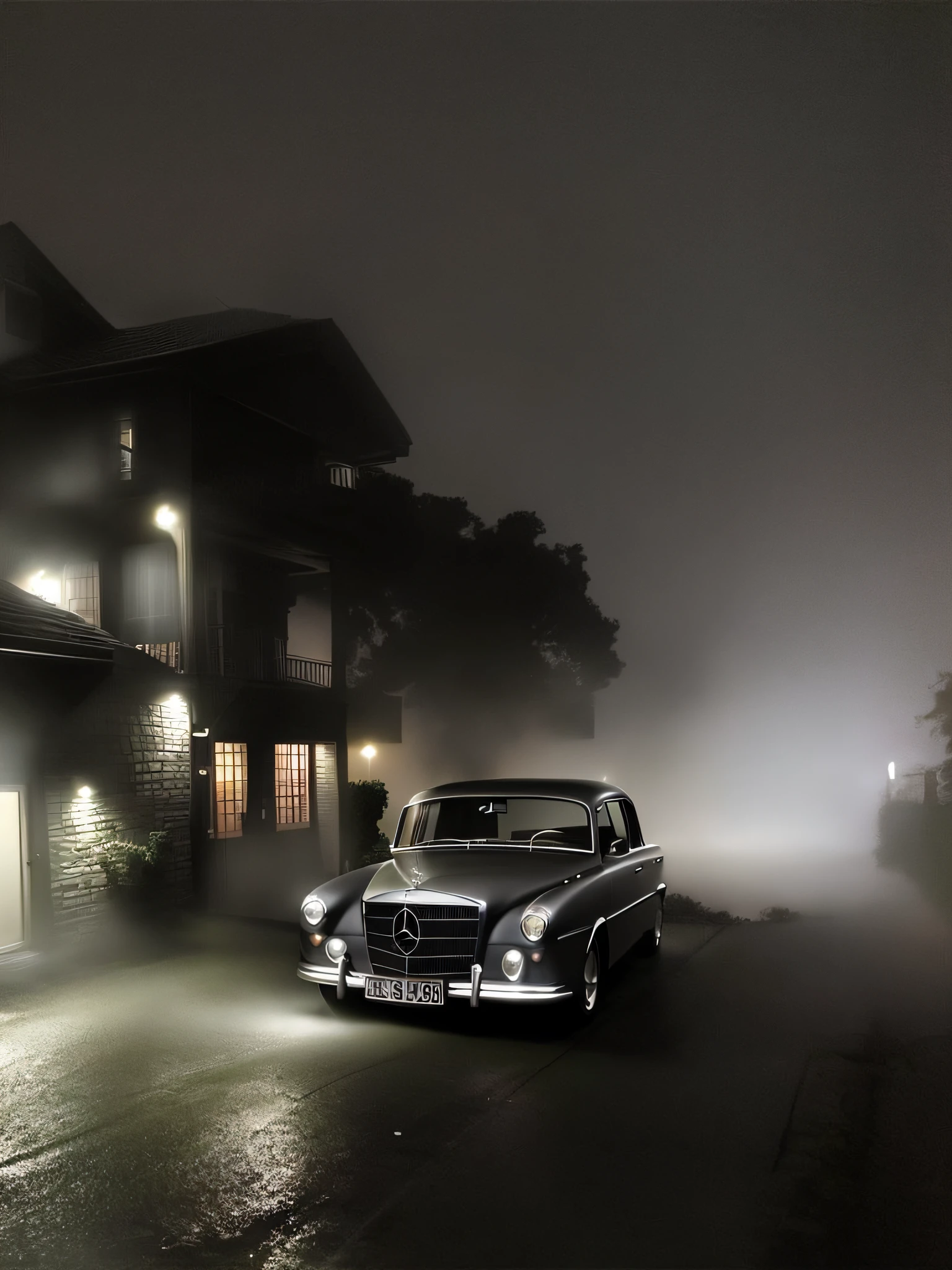 At night, a car is parked in front of the house, (mist), Gloomy cinematic lighting, An old Mercedes, Sweet Home