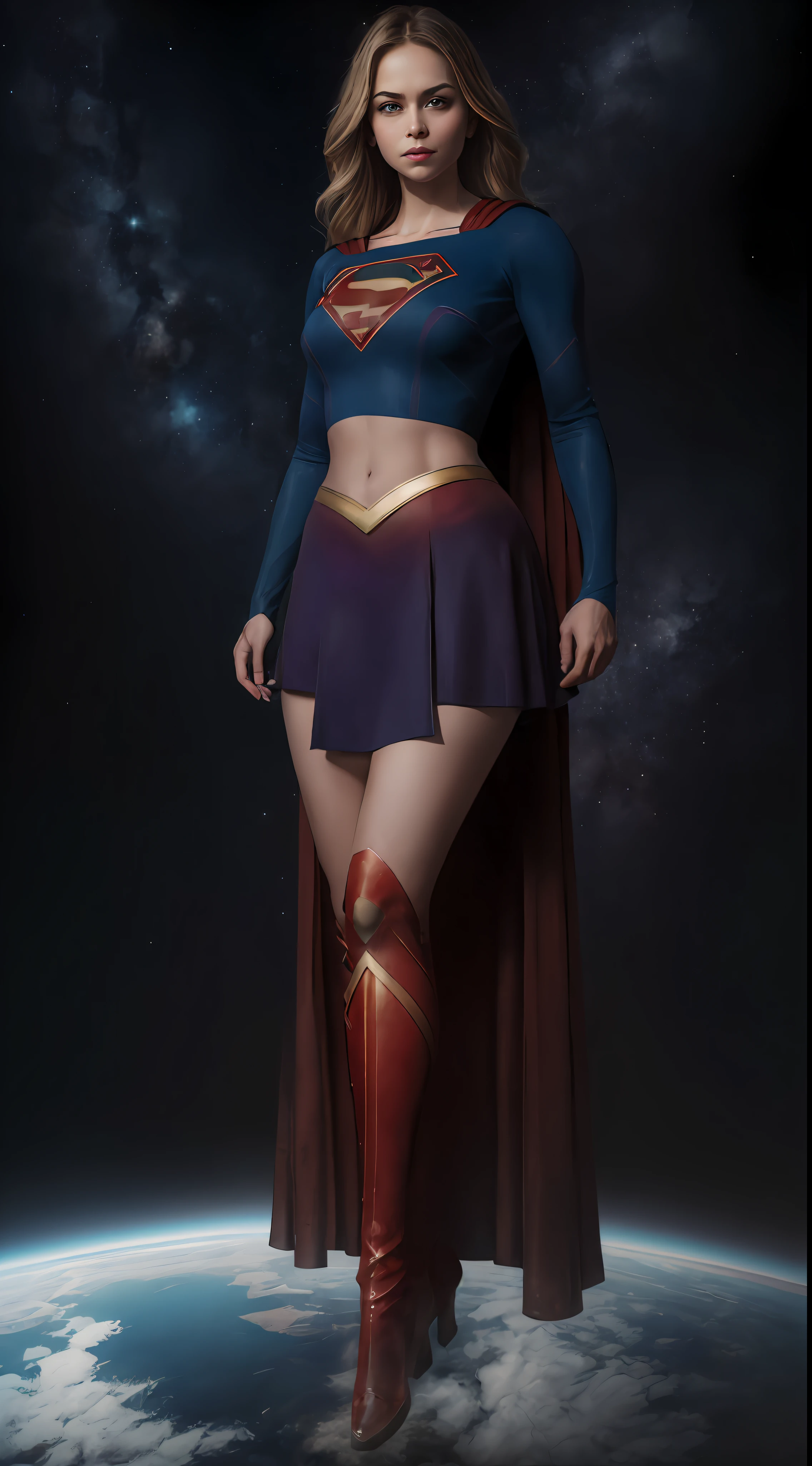 (((Towering over you))), face,supergirl Beautiful woman (20 years old, long blonde hair, blue eyes) defined body, detailed, using tube dress cosplay supergirl suite, smirking, standing on a planet in space with her full body in view, cosmic background, furrowed brow, ((midriff exposed))
