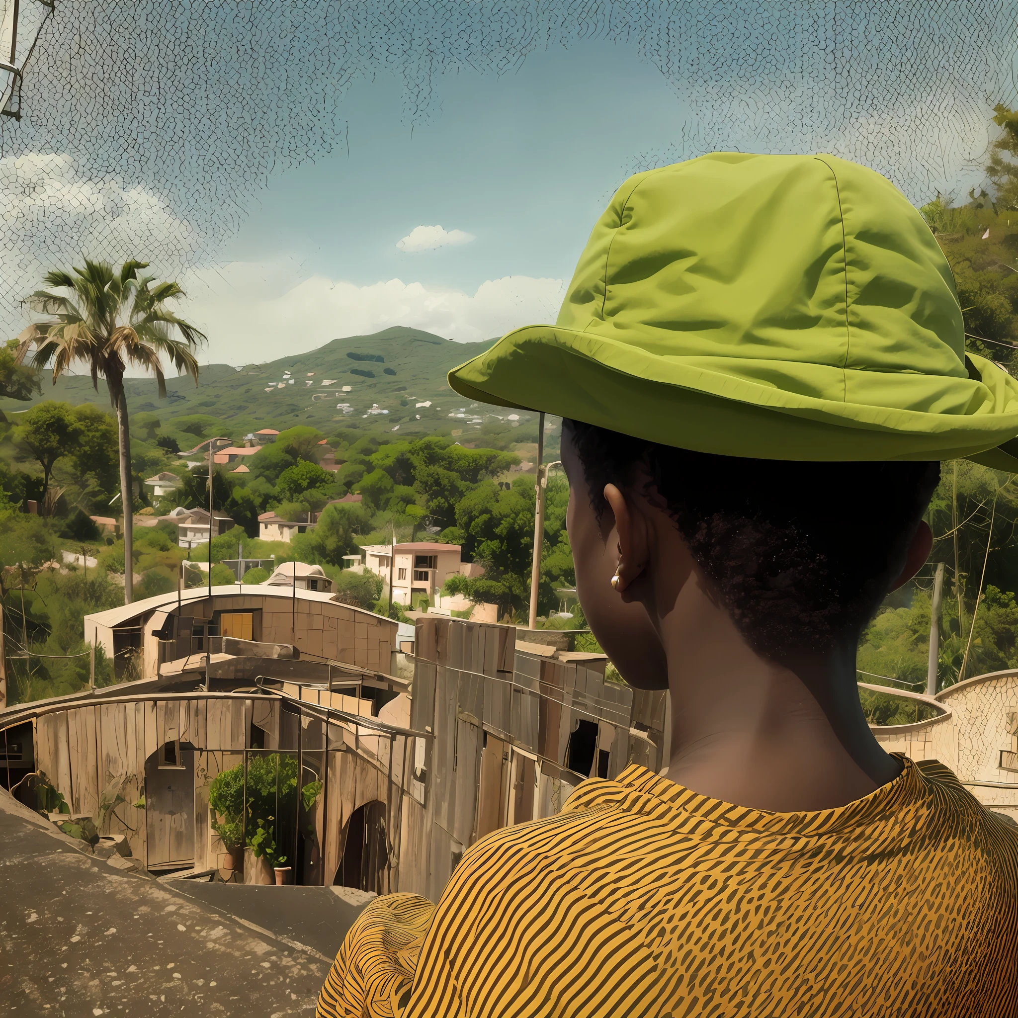 a african boy looking to his villa from a high place, pop art style, realistic, 8k, high details. --auto --s2