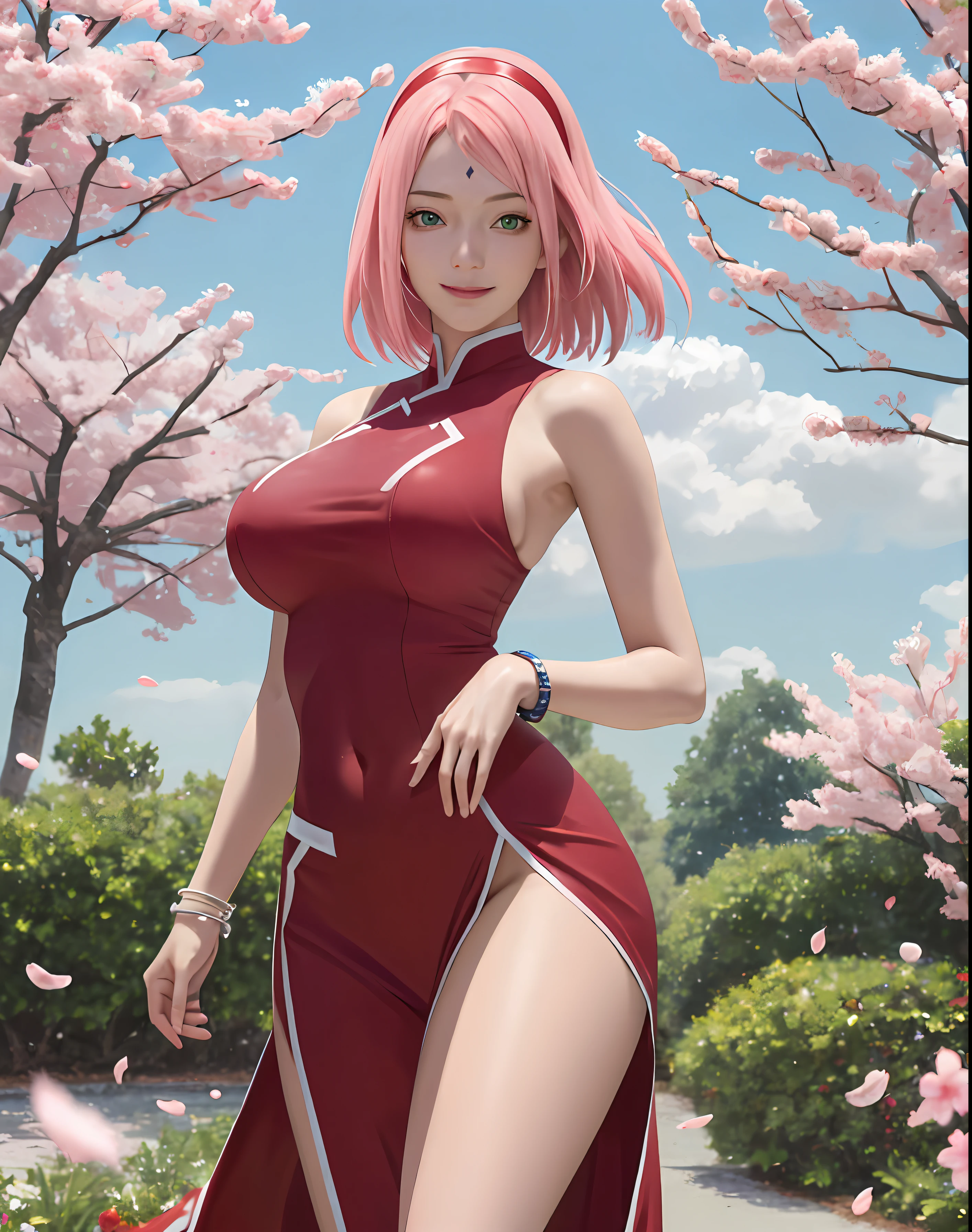 Realistic, Photorealistic,cowboy shot,masterpiece, absurdres ,1girl, haruno sakura, forehead mark, red hairband, red sleeveless dress,black panty, navel, groin, bracelet, looking at viewer, smile, cherry blossoms, private garden, wind, floating hair, large breast ,(((wide hips))), toned body, detailed eyes,