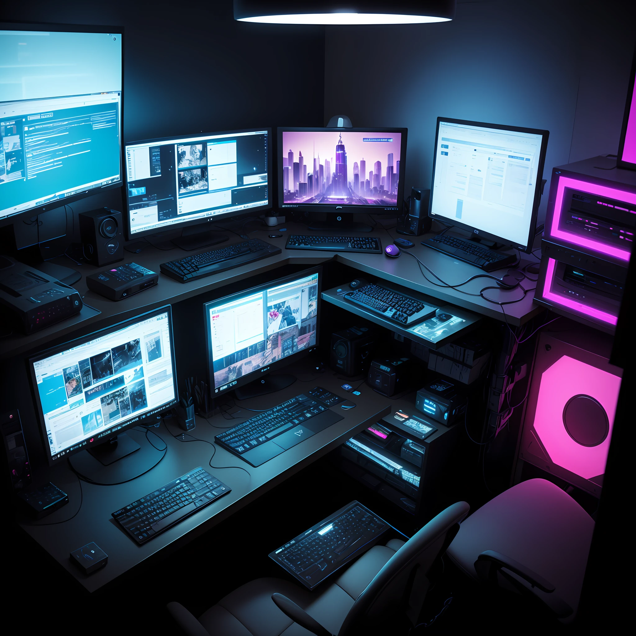 a dimly lit computer desk with multiple monitors and a keyboard, cyberpunk setting, cyber punk setting, cyber neon lighting, cyber space, cyberpunk with neon lighting, cyber neon lights, in a cyberpunk themed room, cyberpunk interior, gamer screen on metallic desk, cyber aesthetic, cyber style, sci-fi computer, cyber background, cyber installation, console and computer --auto