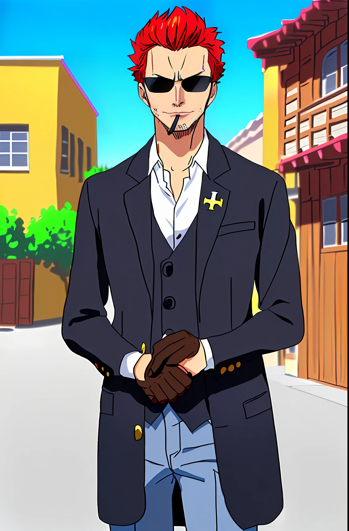 medium shot of a pastor, Jean Dujardin looking towards the camera, messy red hair, mirrored sunglasses, a half-burnt cigarette in the corner of his mouth, black jacket, blue shirt with a roman collar, decorated with a cross on the lapel of the jacket, blurred background, sunny weather, a brown leather glove in his left hand, cute, serious, unreal engine, detailed, ultra high definition, 32k