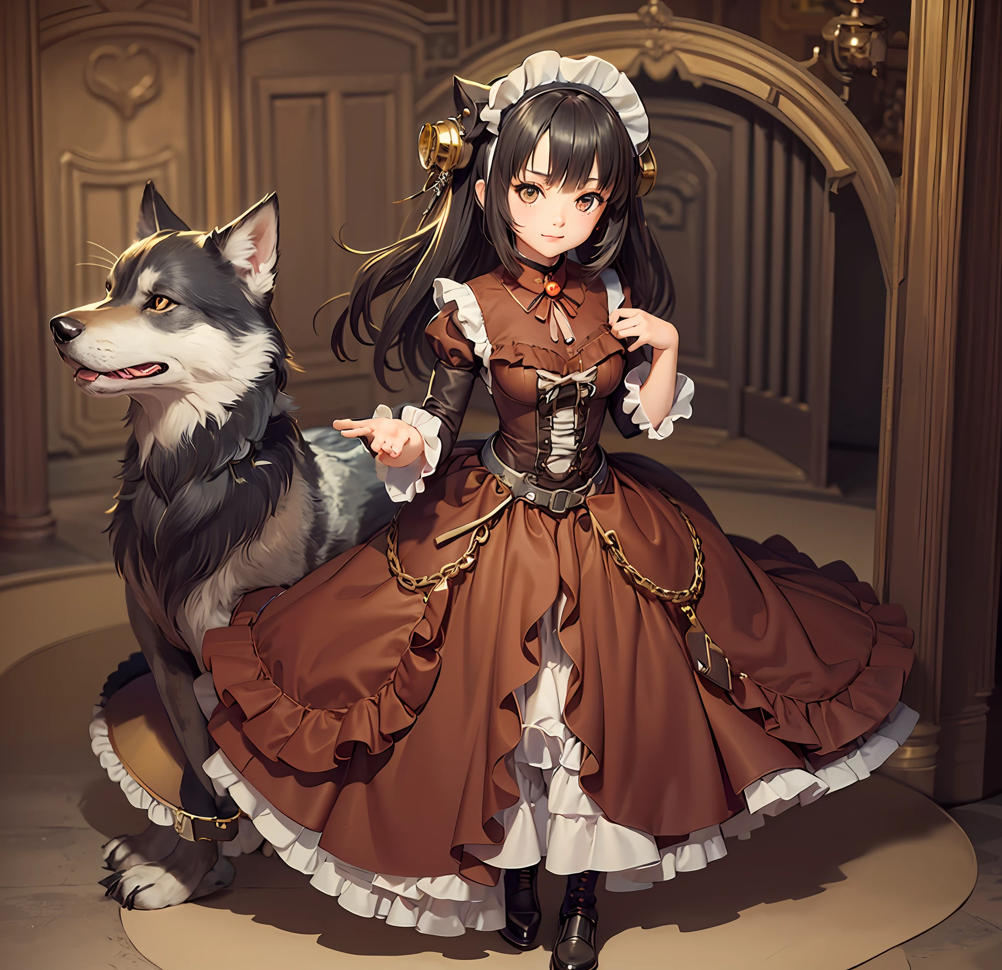There is a girl in a dress with a dog on her shoulder, Portrait of a wolf girl in steampunk style, anime girl in a maid costume, Dressed in ruffles ((ragged)), Cute calico cat in steampunk style, loli in dress, female furry mini cute style, steampunk beautiful anime woman, , loli, Attractive wolf girl, fullbody commission for --auto