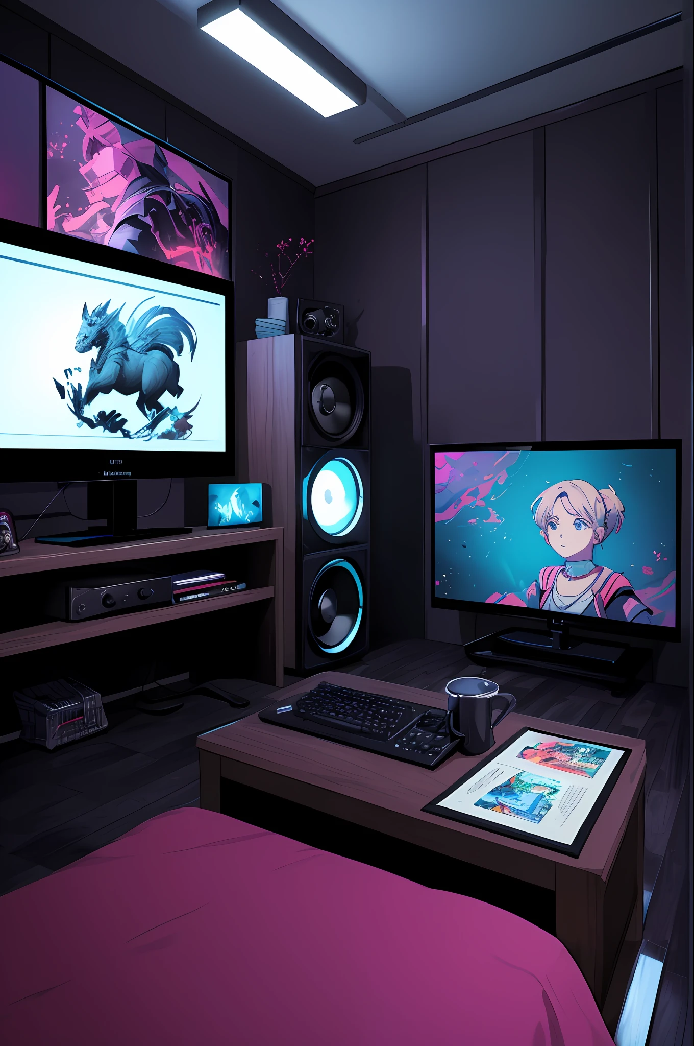 (masterpiece), (best illustration),(no humans), anime background, gaming bedroom, television with large computer, ring lighting , rim lighting,(extremely detailed CG unity 8k wallpaper),(masterpiece), (best quality), (vaporwave style), (ultra-detailed), (best illustration),(best shadow),perfect lighting , perfect anatomy , vivid colors,