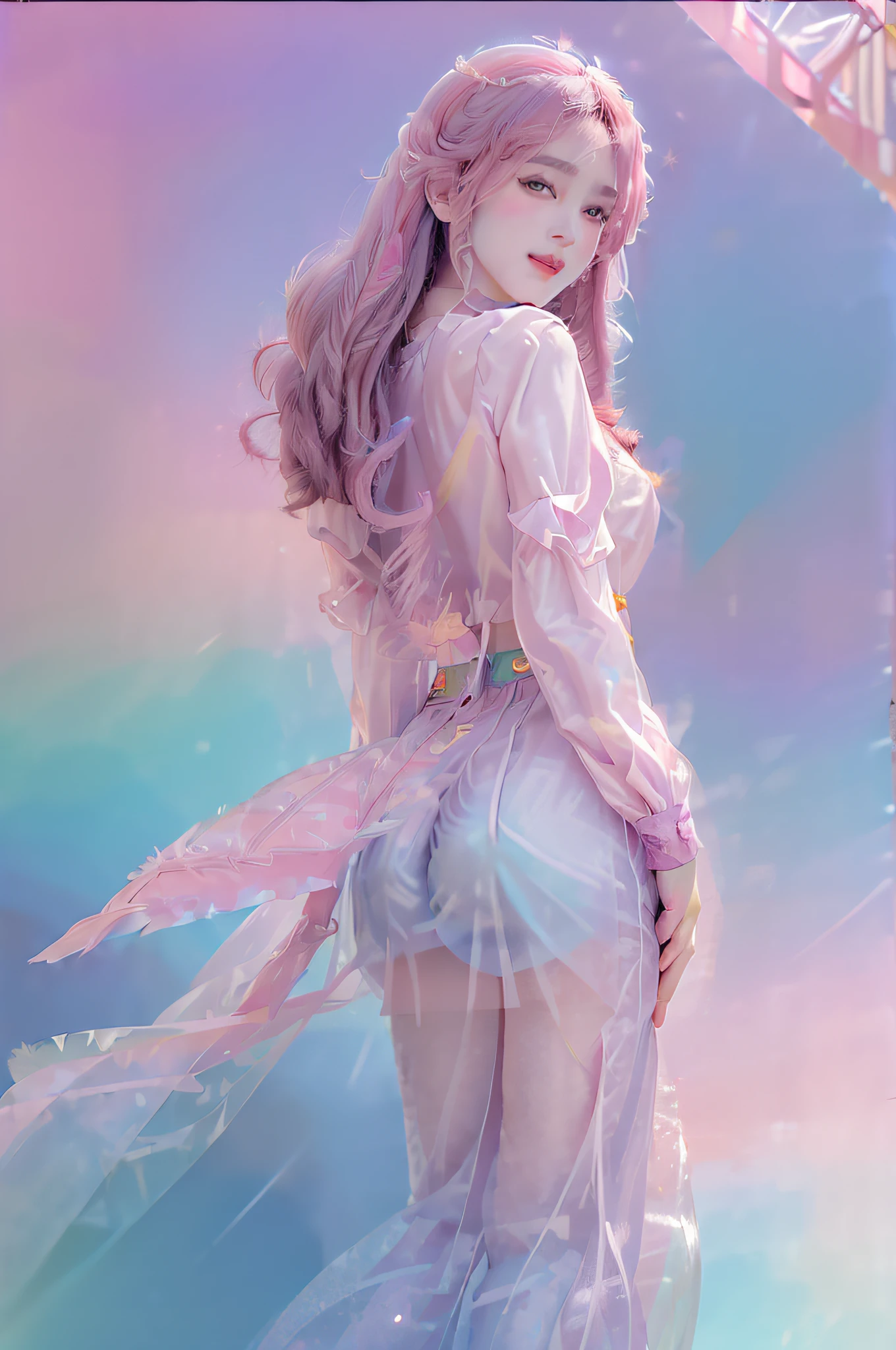 (fluorescent colors:1.4),(translucent:1.4),(retro filters:1.4), (fantasy:1.4), candy world Disney land ethereal soft fluffy soft landscape forest snowavatar Pastel pink sky green blue sparkle ethereal light pastel whimsical light rainbow stars diamonds sparkle gemstone background hyper realistic Ultra quality cinematic lighting immense detail Full hd painting Well lit,