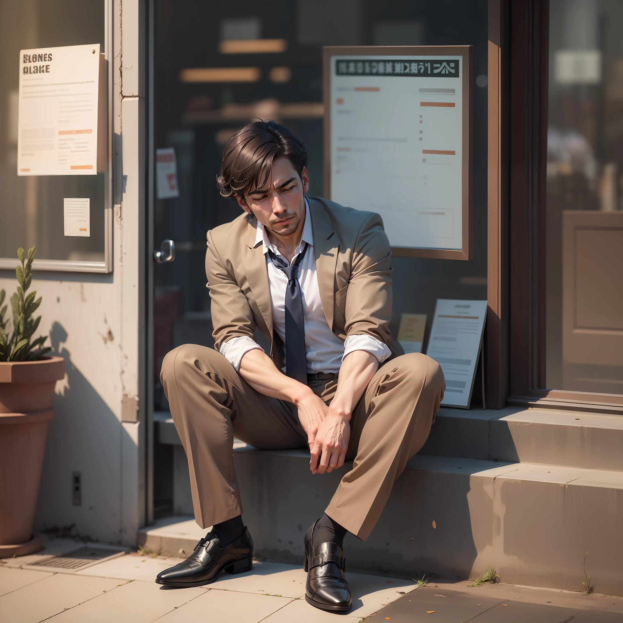 A business man resting upon a blank signboard