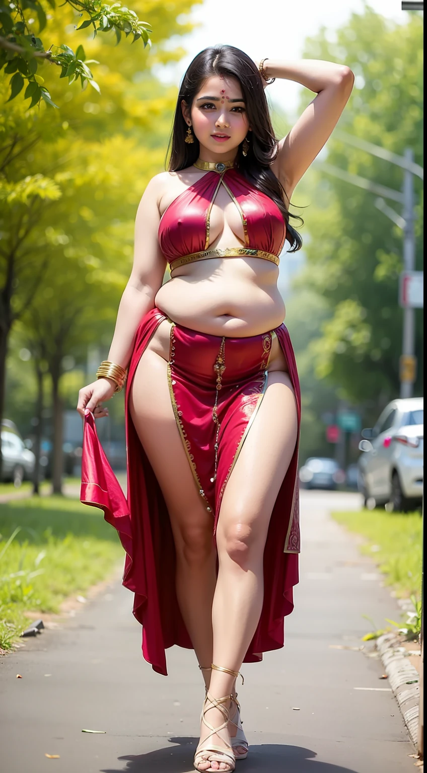 perfect face beautiful (plump:1.2) (armpits:1.2) (indian girl:1.3) full body shot wearing high heals oily skin (outdoor:1.2) transparent cloth