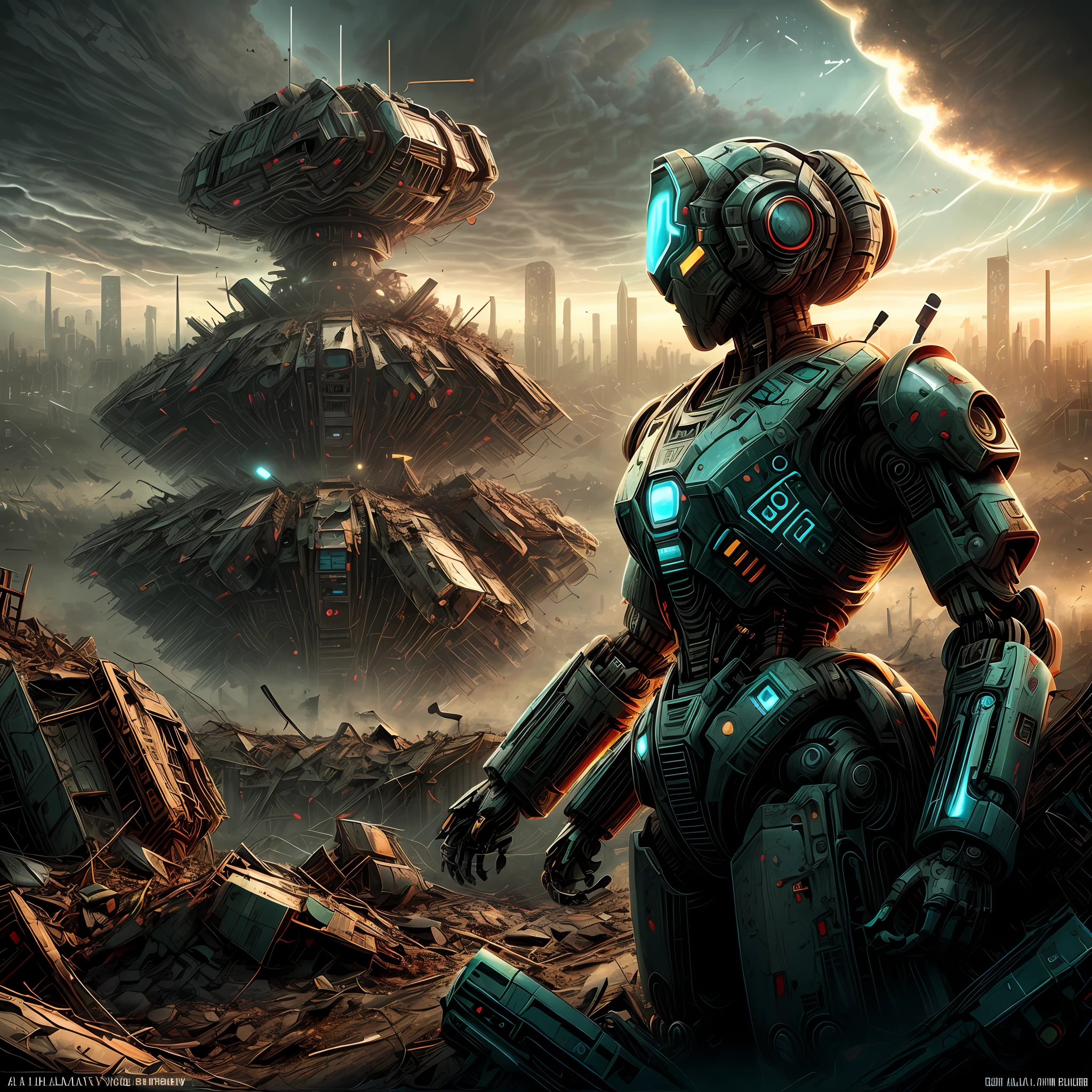 (((apocalyptic scenery+exclusivo+dystopic))),(Wrecked City),(artificial intelligence, robots), no estilo de Exterminador do Futuro, More futuristic details, alta tecnologia, visual sombrio, sombras intensas.