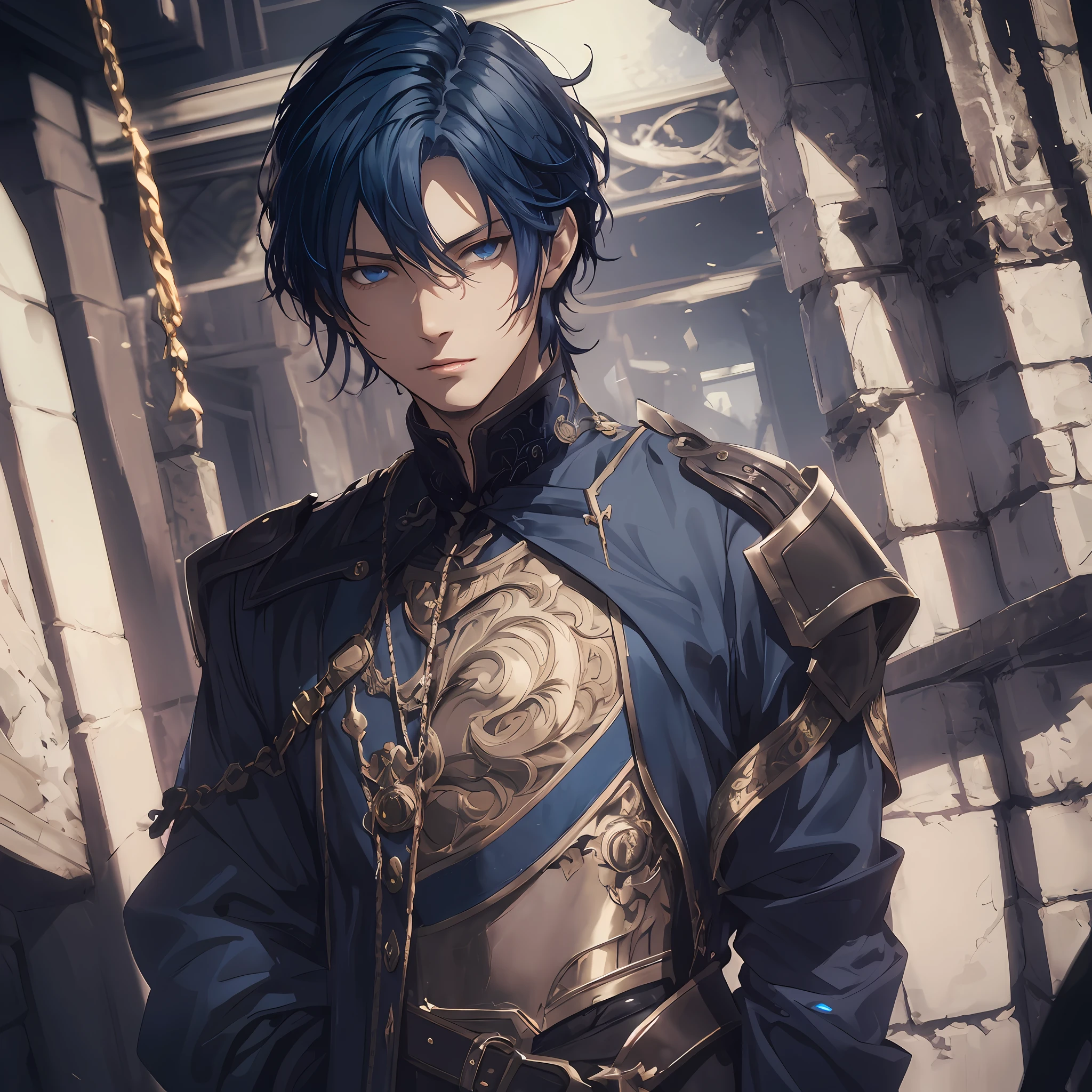 masterpiece, best quality, 1man, adult, male focus, solo, dark blue hair, short hair, blue eyes, looking at viewer, closed mouth, Fantasy aesthetics, Highly detailed, shadowverse style, black metal armor outfit