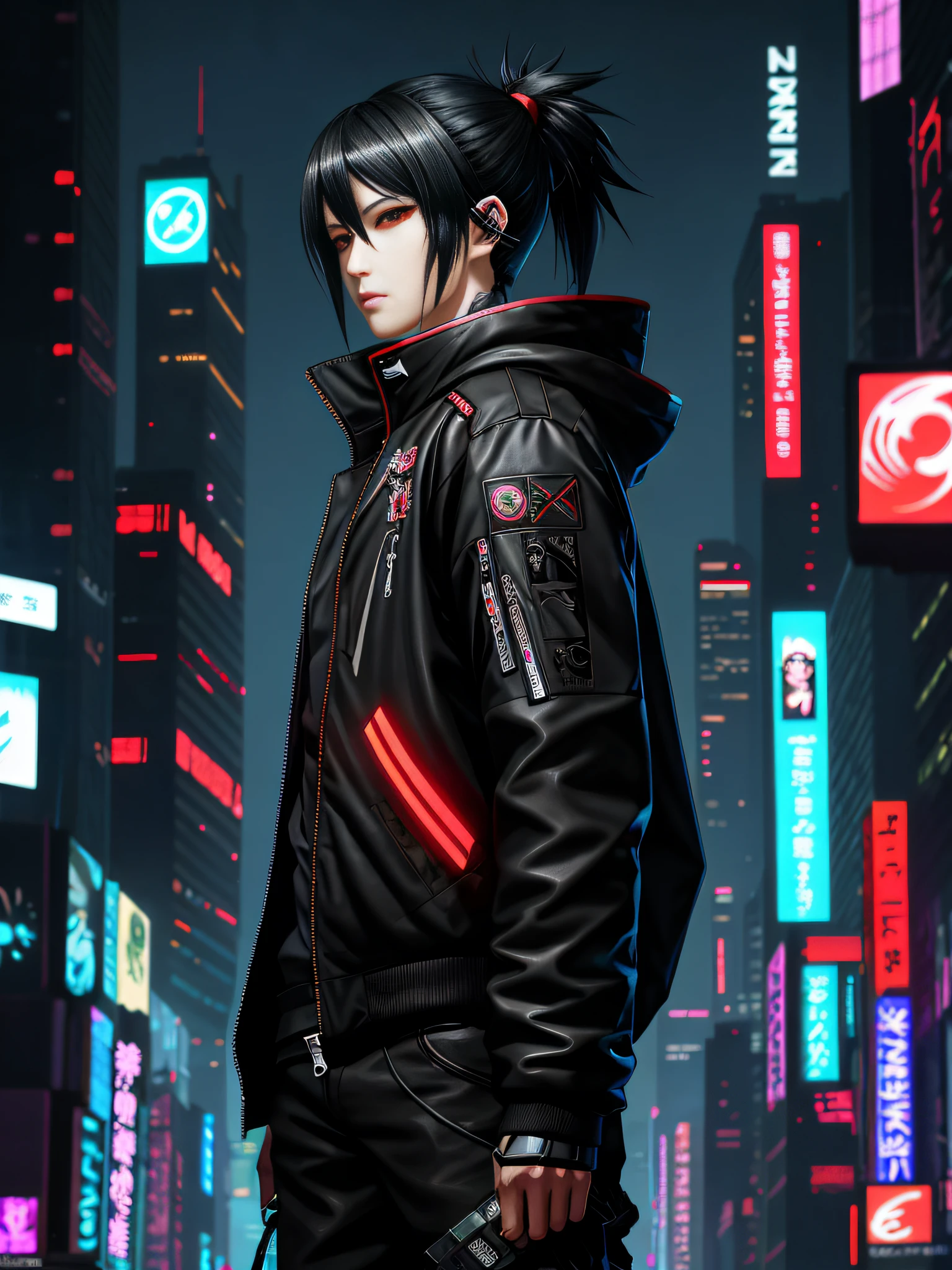 anime character with black hair and red eyes in a city, futuristic jacket, digital cyberpunk anime art, badass anime 8 k, best anime 4k konachan wallpaper, anime style 4 k, digital cyberpunk - anime art, anime art wallpaper 8 k, anime wallpaper 4k, anime wallpaper 4 k, anime art wallpaper 4k, anime art wallpaper 4 k, anime cyberpunk art, highest quality digital art