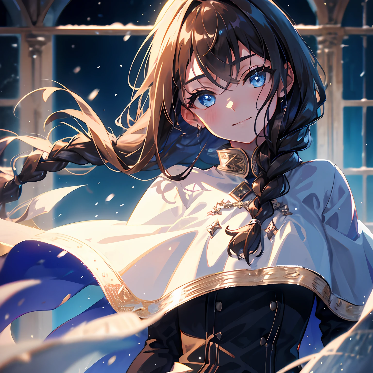 face only, 1girl, solo, teen girl, small chest, petite, standing, head tilt, loose long hair, detailed eyes, medieval winter clothes, fur clothes, brown hair, brown hair, braided top hair, beautiful detailed eyes, detailed eyes, detailed hands, very covered clothes, very long hair, tied hair, hair braid, pantyhose, thighighs, blue eyes, leather clothes, winter clothes, closeup, medieval, face only, dark europe, dark illumination, indoors, in house, medieval, depth of field, fog, blurry, smile, nervous smile, sweat, arms behind back, masterpiece, sketch, sketch lines, chromatic aberration, beautiful, anime, artstyle, warm lightning