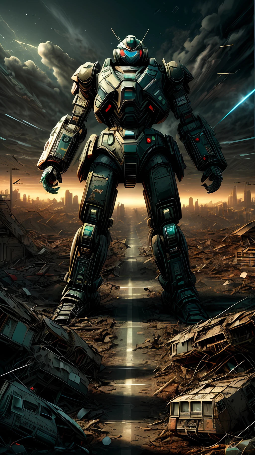 (((apocalyptic scenery+exclusivo+dystopic))),(Wrecked City),(Artificial intelligence, robots), no estilo de Exterminador do Futuro, Mais detalhes futuristas, alta tecnologia, visual sombrio, sombras intensas.