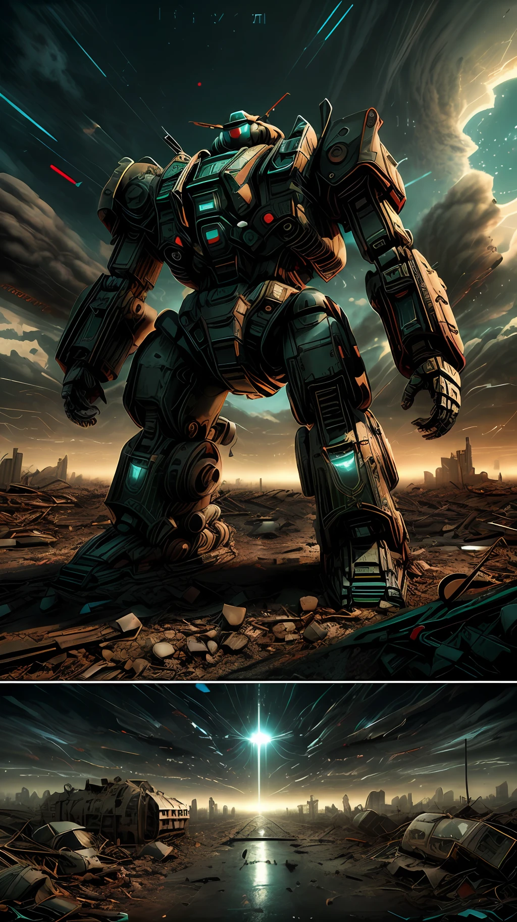 (((apocalyptic scenery+exclusivo+dystopic))),(Wrecked City),(Artificial intelligence, robots), no estilo de Exterminador do Futuro, Mais detalhes futuristas, alta tecnologia, visual sombrio, sombras intensas.