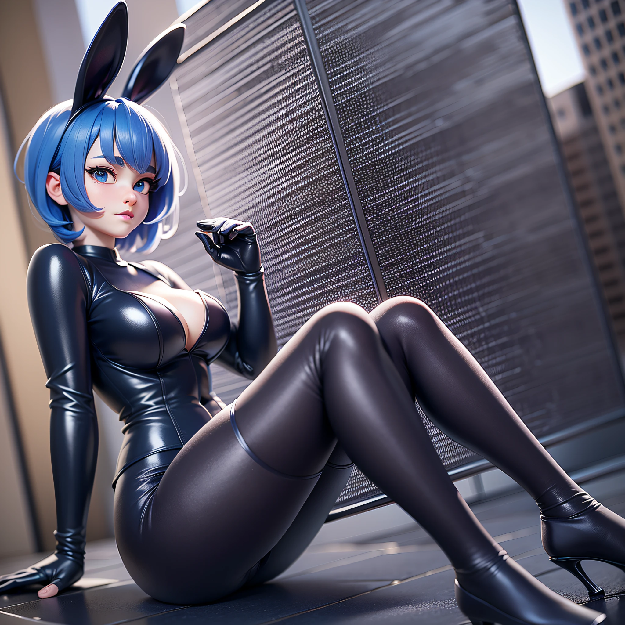 Anime, beautiful image, extremely detailed, 8k, perfect shading, vivid colors, furry, 1 rabbit woman, extremely sexy, full body, short cut blue hair, blue eyes, wearing black rabbit suit, bare legs, posing on a city street, looking from below, focus on feet, rich detail