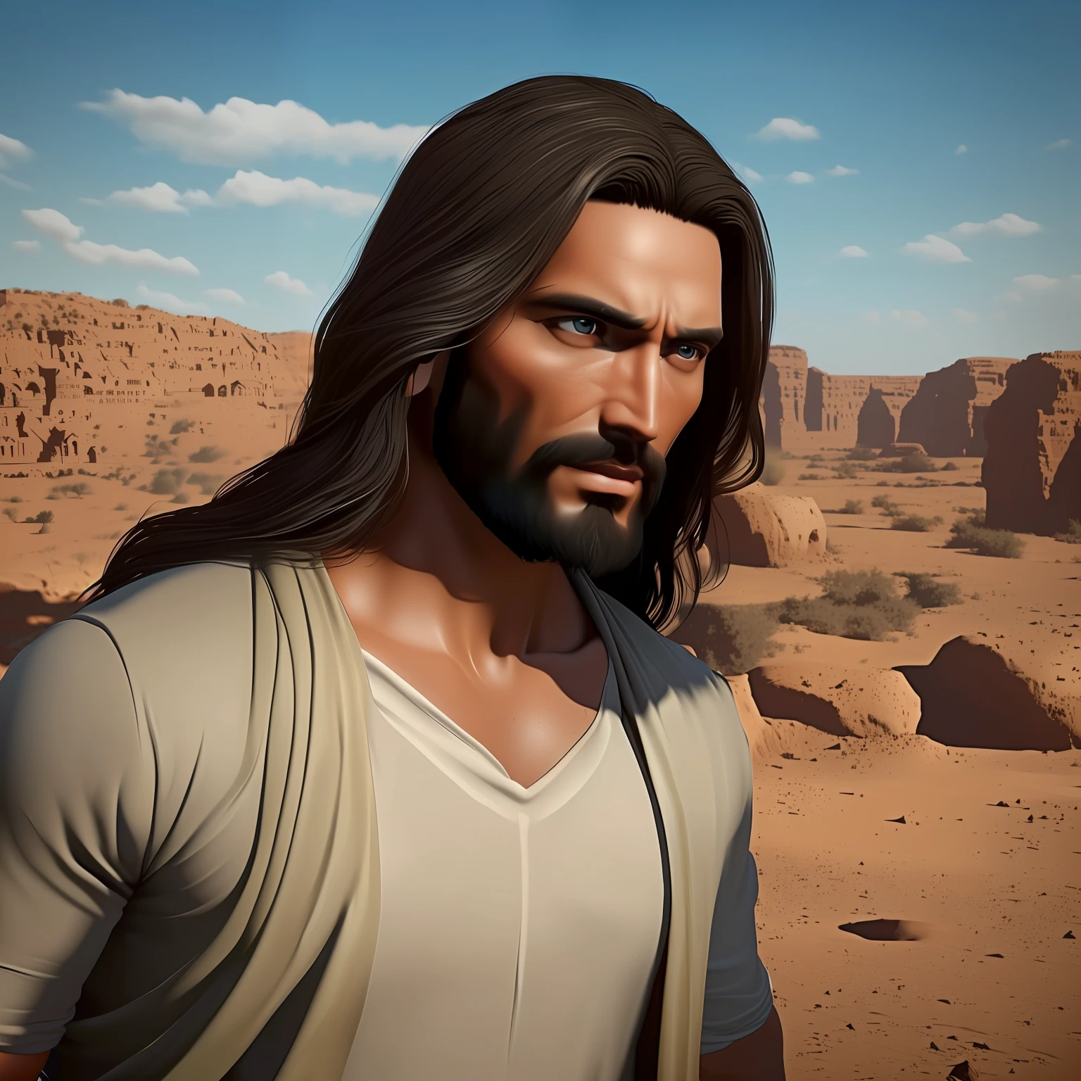 jesus com fundo brilhante, jesus com cabelos longos e olhos azuis, roupas brancas e longas, jesus cristo, muito bonito, jesus alegre, foto realista, muito realista, unreal engine, apenas jesus, centralizado, semblante triste, jesus chateado, jesus a chorar, lindo