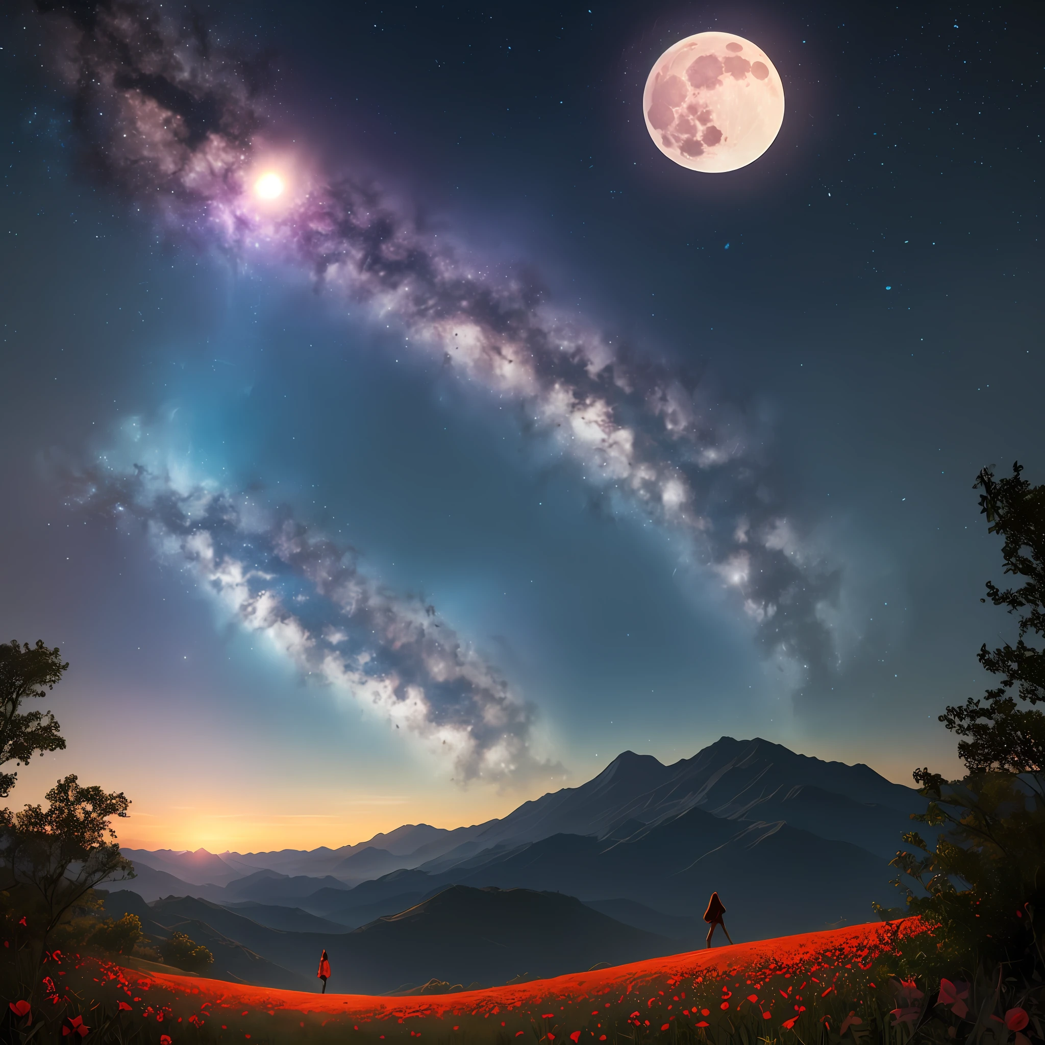 expansive landscape photograph , (a view from below that shows sky above and open field below), a girl standing on flower field looking up, (full moon:1.2), ( shooting stars:0.9), (nebula:1.3), distant mountain, tree BREAK
production art, (warm light source:1.2), (Firefly:1.2), lamp, lot of purple and orange, intricate details, volumetric lighting BREAK
(masterpiece:1.2), (best quality), 4k, ultra-detailed, (dynamic composition:1.4), highly detailed, colorful details,( iridescent colors:1.2), (glowing lighting, atmospheric lighting), dreamy, magical, (solo:1.2) --auto