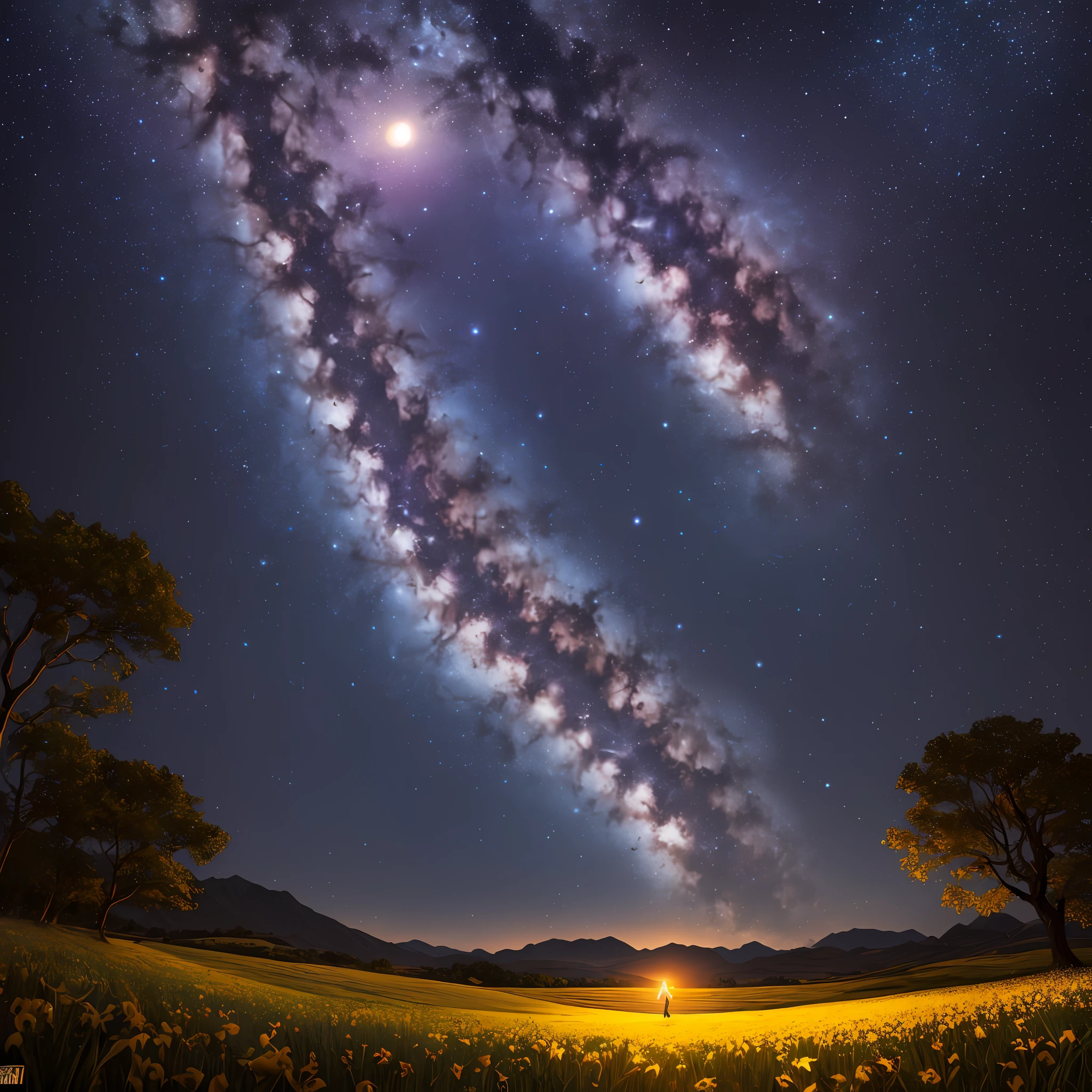 expansive landscape photograph , (a view from below that shows sky above and open field below), a girl standing on flower field looking up, (full moon:1.2), ( shooting stars:0.9), (nebula:1.3), distant mountain, tree BREAK
production art, (warm light source:1.2), (Firefly:1.2), lamp, lot of purple and orange, intricate details, volumetric lighting BREAK
(masterpiece:1.2), (best quality), 4k, ultra-detailed, (dynamic composition:1.4), highly detailed, colorful details,( iridescent colors:1.2), (glowing lighting, atmospheric lighting), dreamy, magical, (solo:1.2) --auto