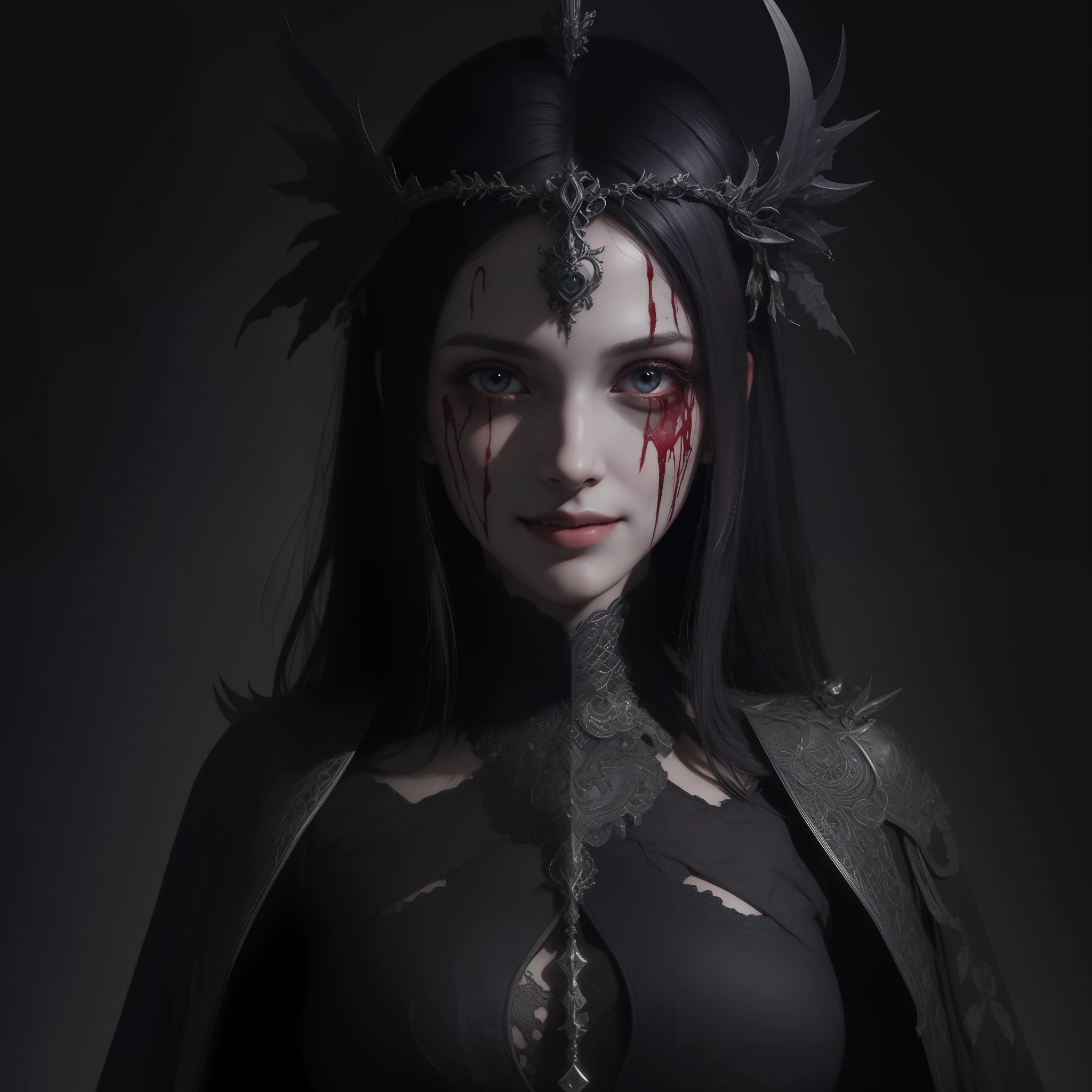 巨作, Best Quality, highs quality, highly detailed CG Unity 8k wallpaper, Portrait of a pagan goddess, Antichrist, Doomsday, holy, award-winning photography, Realistic Photos,A highly detailed, trending on Artstation, trending on cgsociety, complex, highly detail, dramatic, art by midjourney, Blood on the face, evil smile, Horror art, Dread Zentangle, mandala, Tangle, Entangle:0.5) big 