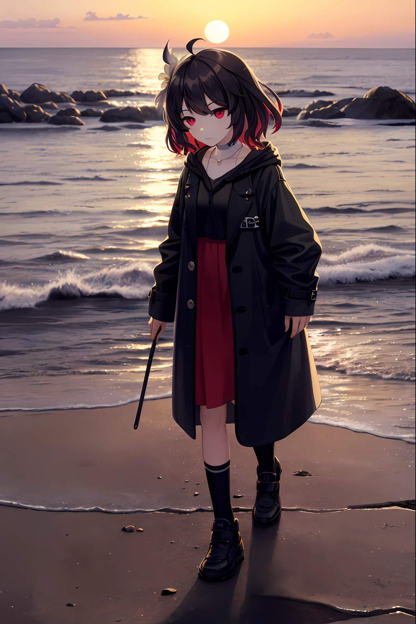 one-girl，loli，Take a walk by the sea，Wear a coat，With a hood，quadratic element，setting sun