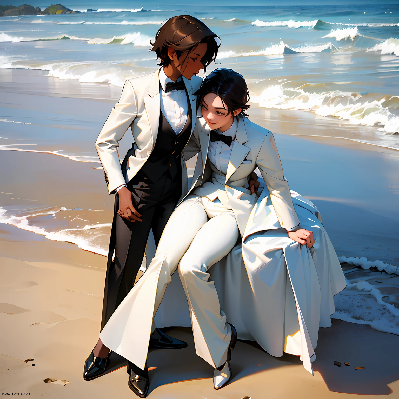high quality, 3d, realistic, lesbian couple, one woman, latina, dark skin, spiked brown hair, black tuxedo, getting married to one woman, ttall, white skin, american, pixie black hair, wearing white tuxedo pants, beach background