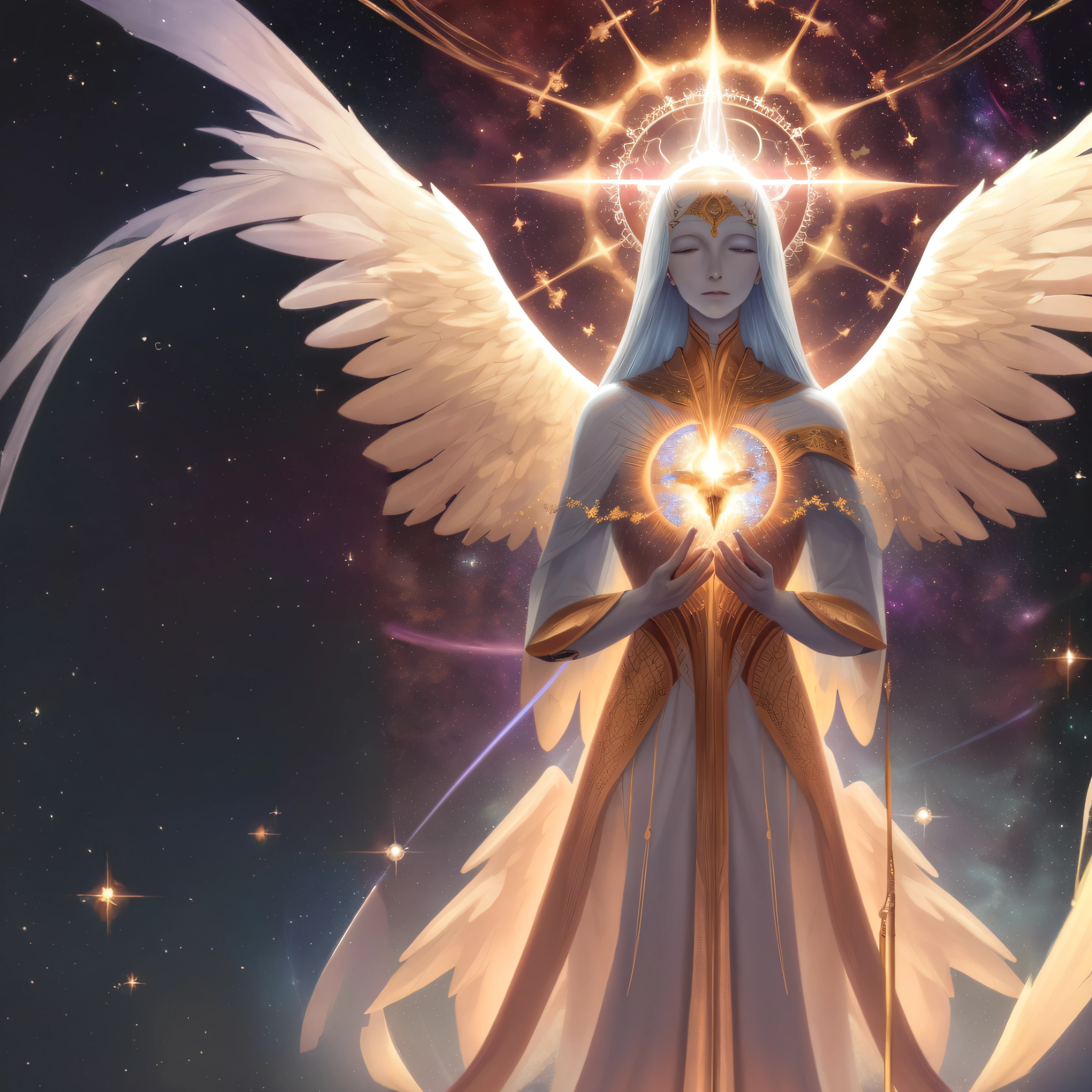 A closeup of a woman holding a heart with wings, to be brilliant angelic, elven angel meditating in space, Ethereal Angelic Being of Light, Deusa da Luz, Um Anjo da Luz do Amanhecer, Deusa Celestial, Angelic Light, Anjo majestoso de corpo inteiro, Serafim, arcanjo, angelic, Retrato da Rainha da Luz, de anjo lindo, aura sagrada brilhante