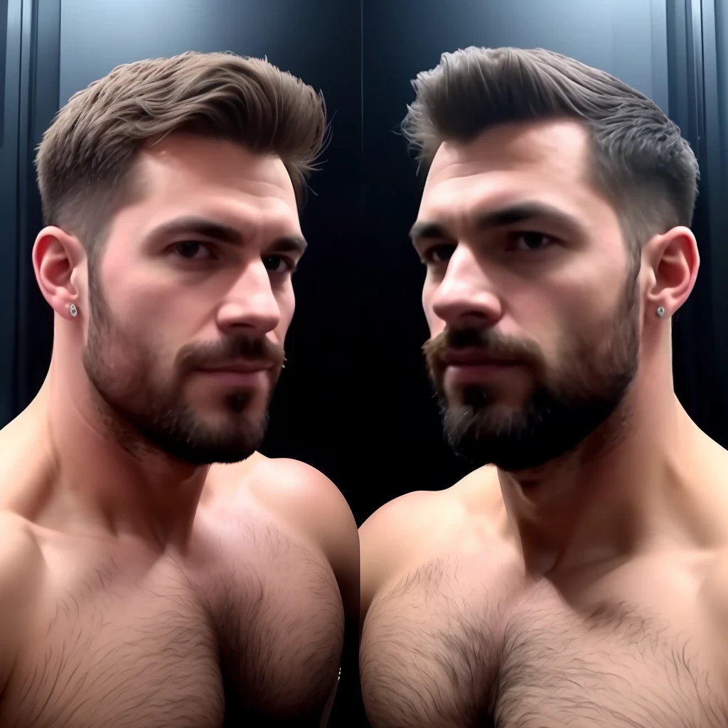 A handsome man with two heads sharing one muscular body being fused and merged together