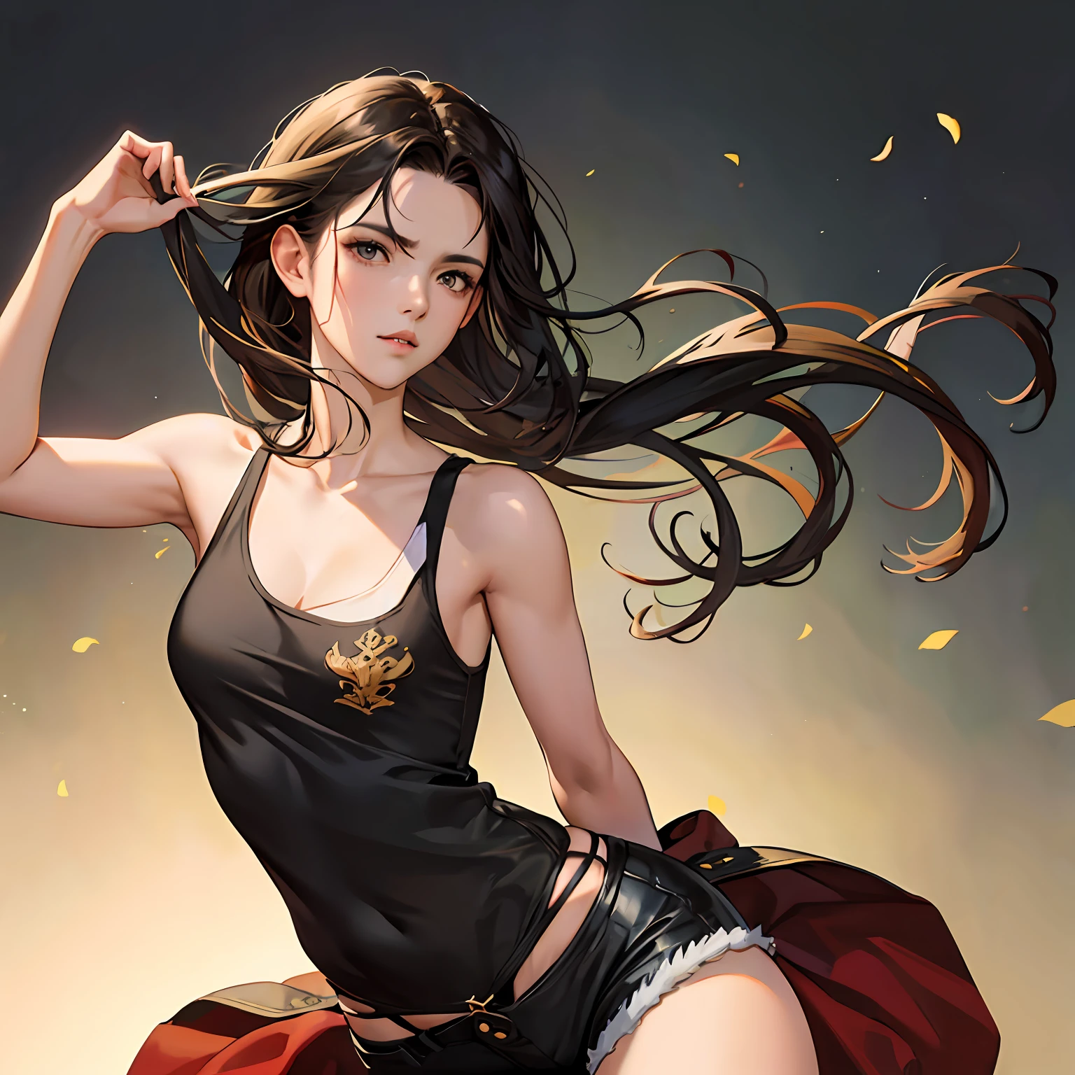 masterpiece, high quality cg, anime, illustration, best quality, 1girl, bound, bondage, beautiful face, detailed face, cowboy shot, 1girl, solo, long hair, black hair, simple background, shirt, white background, bare shoulders, brown eyes, collarbone, white shirt, short shorts, sleeveless, tank top, bare legs, 2d --auto