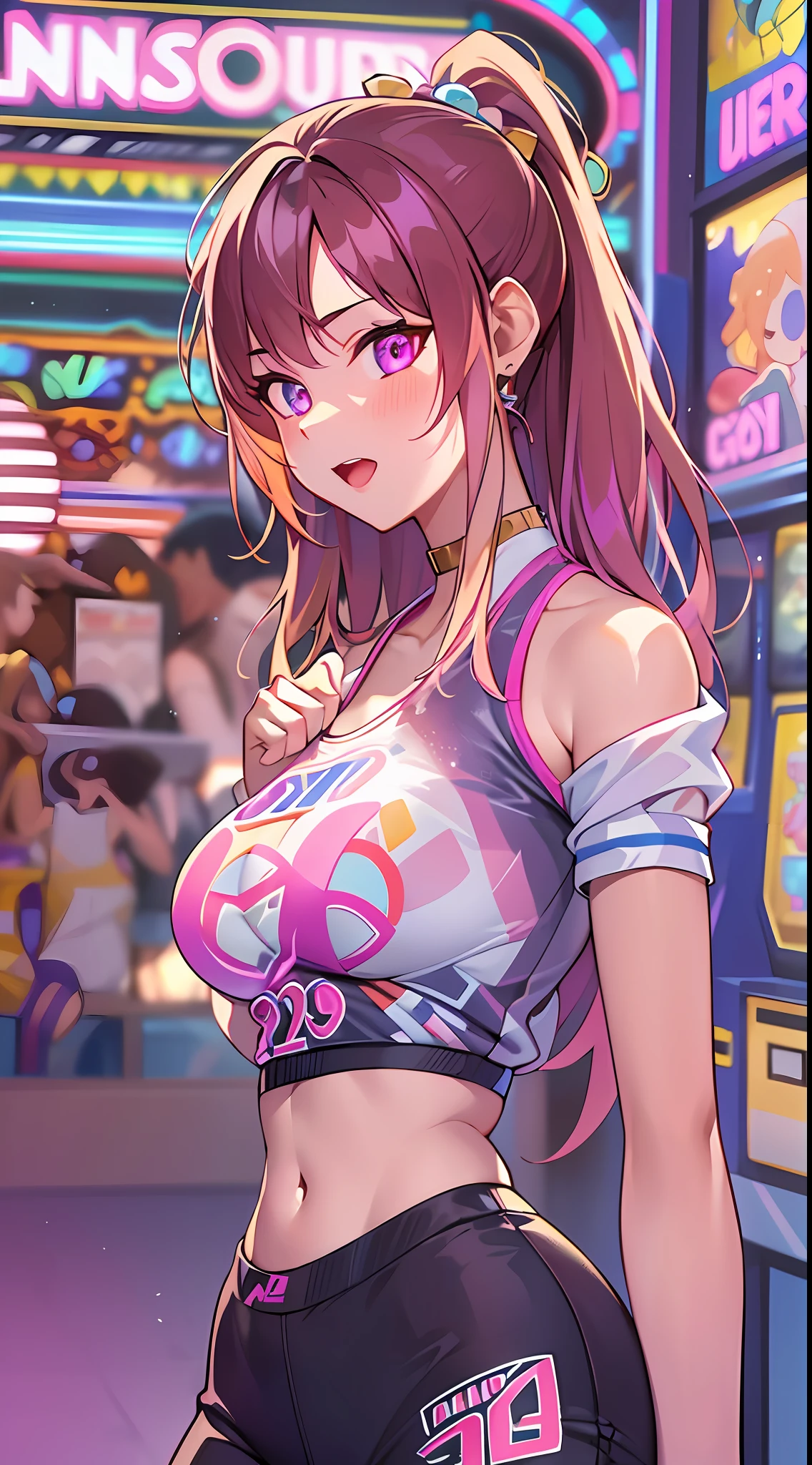 ((Masterpiece)), best quality, absurderes, ultra detailed, holographic, cowboy shot, dynamic pose, golden ratio, super cute girl, mature girl, idol girl, super beautiful asian girl with very beautiful violet glowing eyes, beautiful glowing brown multicolored hair, high ponytail, nice and sexy body, slim body, perfect body, wearing a super tight anime printed leotard, an anime printed super tight off shoulder short sleeve crop top, a super aesthetic transparent mini jacket, beautiful hair ornament, pink jordan tennis, being photographed in the dancing arcade games