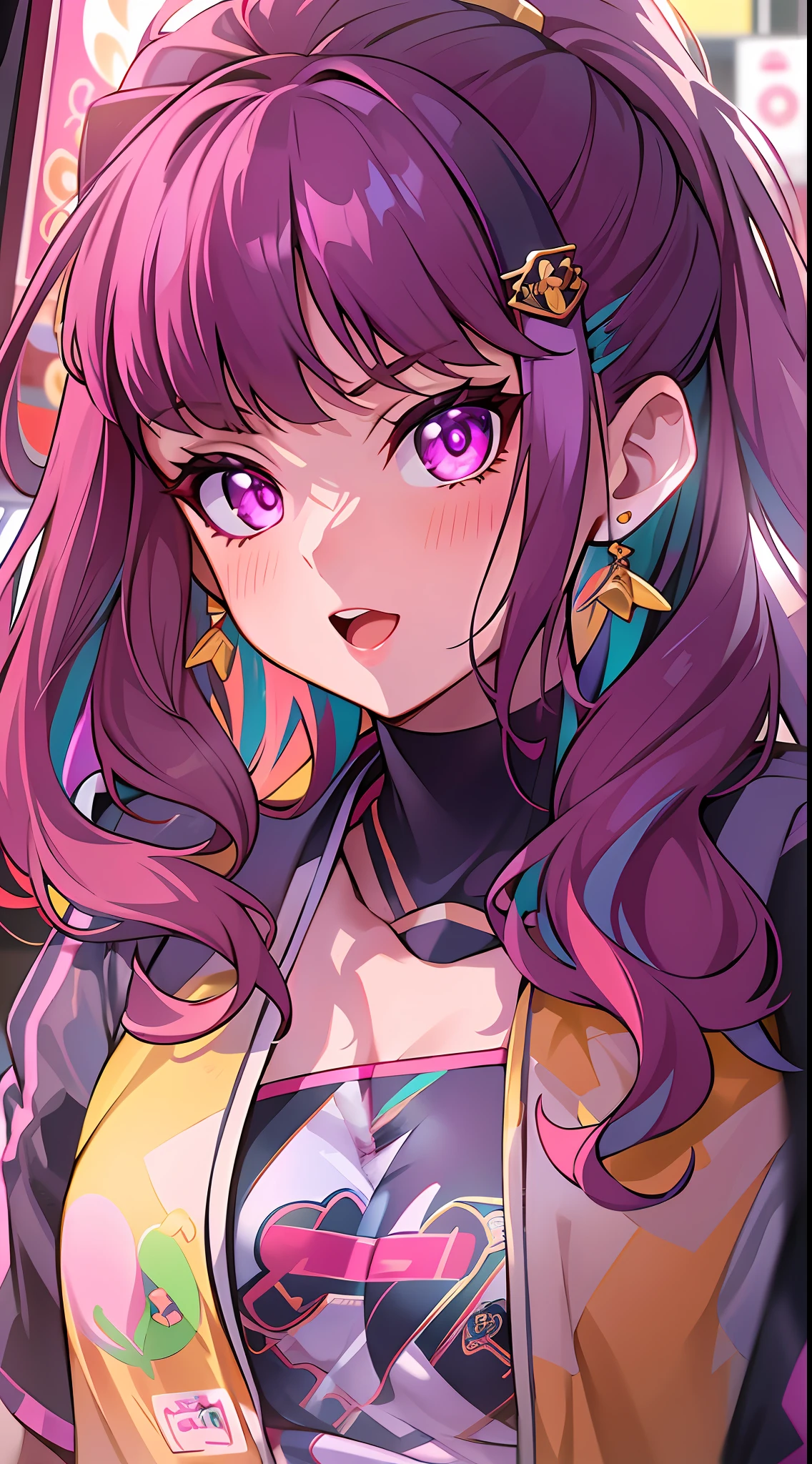 ((Masterpiece)), best quality, absurderes, ultra detailed, holographic, cowboy shot, dynamic pose, golden ratio, super cute girl, mature girl, idol girl, super beautiful asian girl with very beautiful violet glowing eyes, beautiful glowing brown multicolored hair, high ponytail, nice and sexy body, slim body, perfect body, wearing a super tight anime printed leotard, an anime printed super tight off shoulder short sleeve crop top, a super aesthetic transparent mini jacket, beautiful hair ornament, pink jordan tennis, being photographed in the dancing arcade games